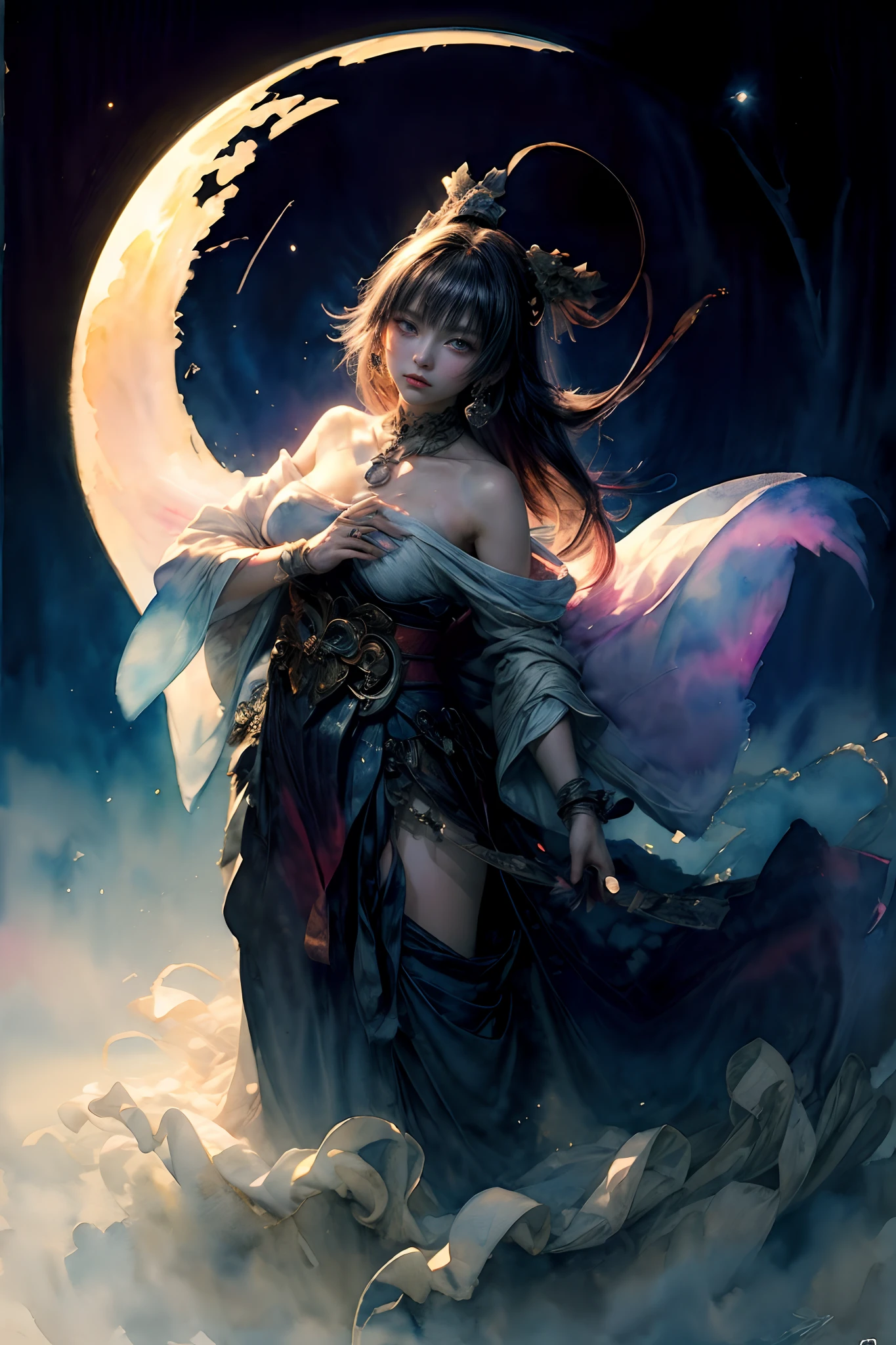 (masterpiece, top quality, best quality, official art, (beautiful and aesthetic:1.4), (watercolor:1.4) ), (Tsukuyomi:1.5), Japanese mythology deity, ephemeral beauty, ethereal presence amidst the moonlight, divine elegance, serene and contemplative expression, celestial garments flowing, silver radiance illuminating the nocturnal landscape, a dance of shadows and light, whispers of ancient lore