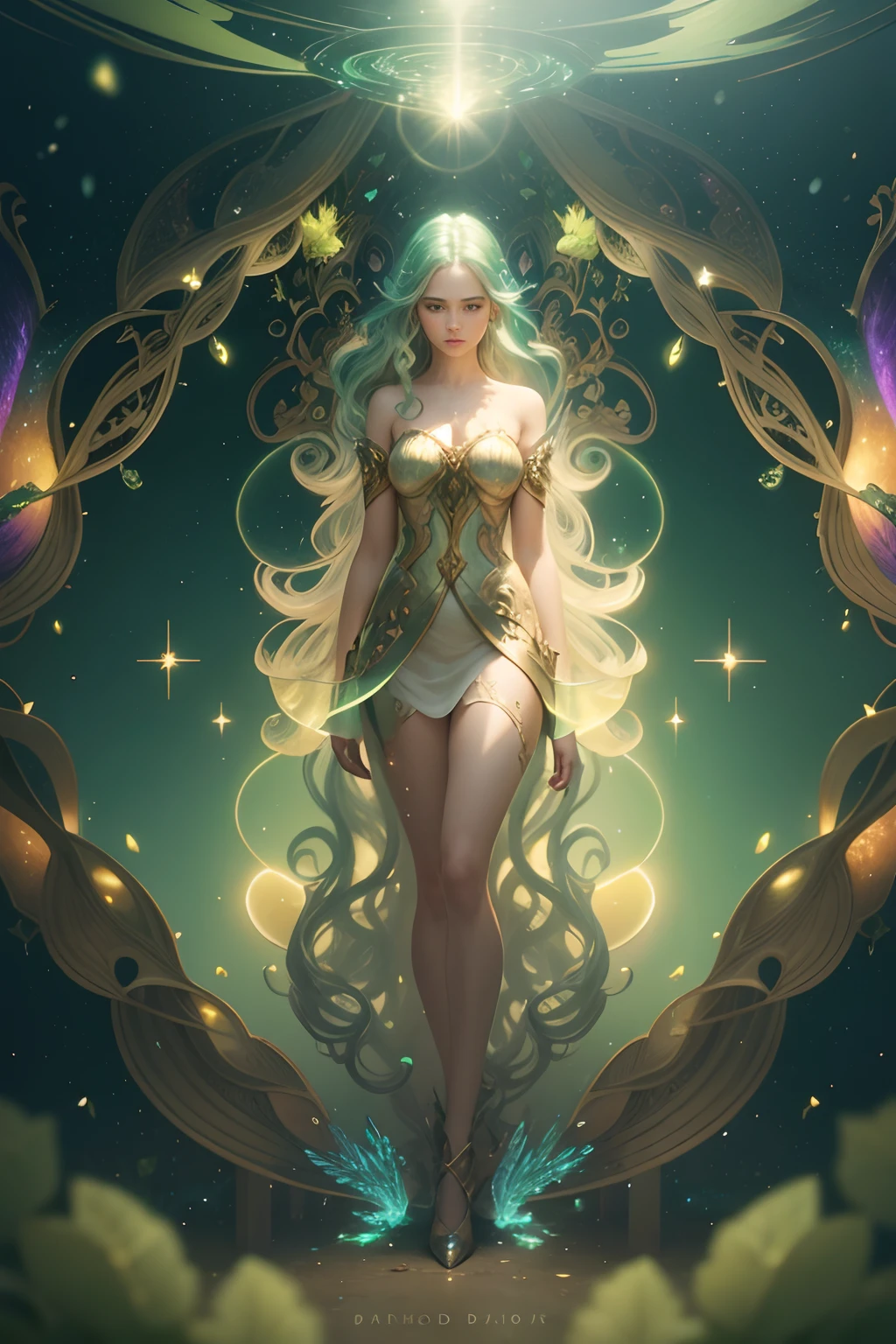 Guardian of the Enchanted Grovean armored woman with iridescent, wing-like pauldrons, standing tall amidst an ethereal grove of towering, luminescent mushrooms, the forest floor covered in sparkling dewdrops, a mystical aura emanating from her presence, the air filled with a soft, golden glow, captured through a hyper-realistic digital painting with a focus on intricate details and a seamless blend of natural and magical elements, rendered using a combination of Blender and Photoshop.