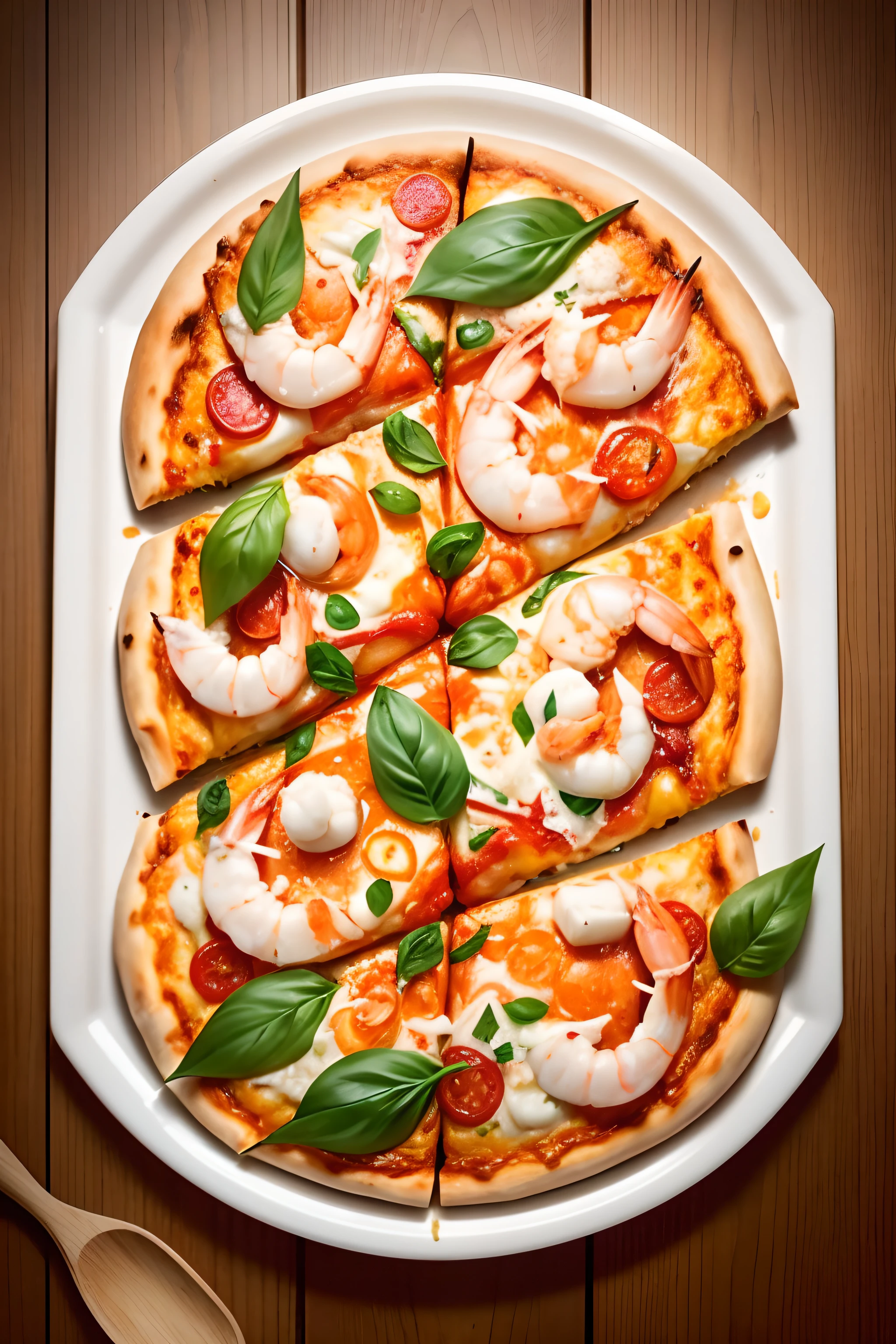 A pan of pizza with fresh seafood likes shrimp, crab, fresh melted mozzarella, basil, and tomatoes, chef style, in a table, artistic, cinematic, eyescatching, looks like delicious and interested, printable --auto