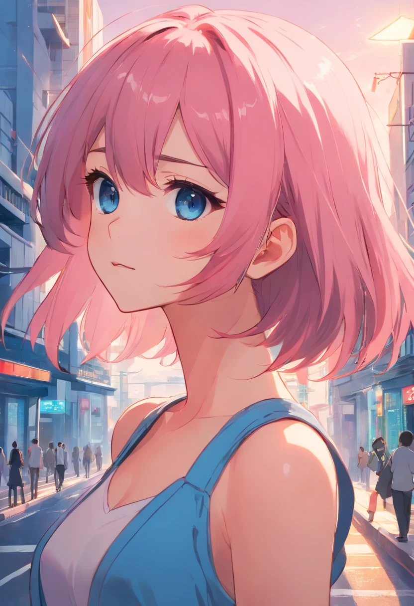 Reina demonio, gigantesca, hermosa, pelo rosa, fantasy, joven, aura poderosa, estilo anime, ojos azules, madura