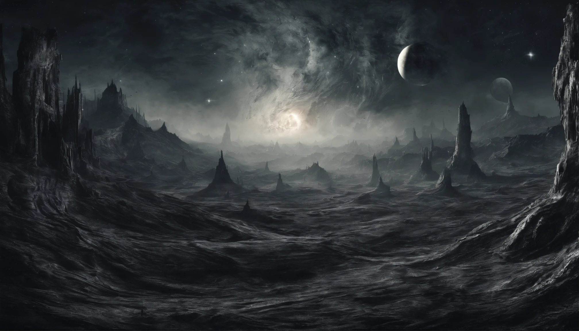 Generate an image of a cosmic landscape with stars, planets and galaxies.