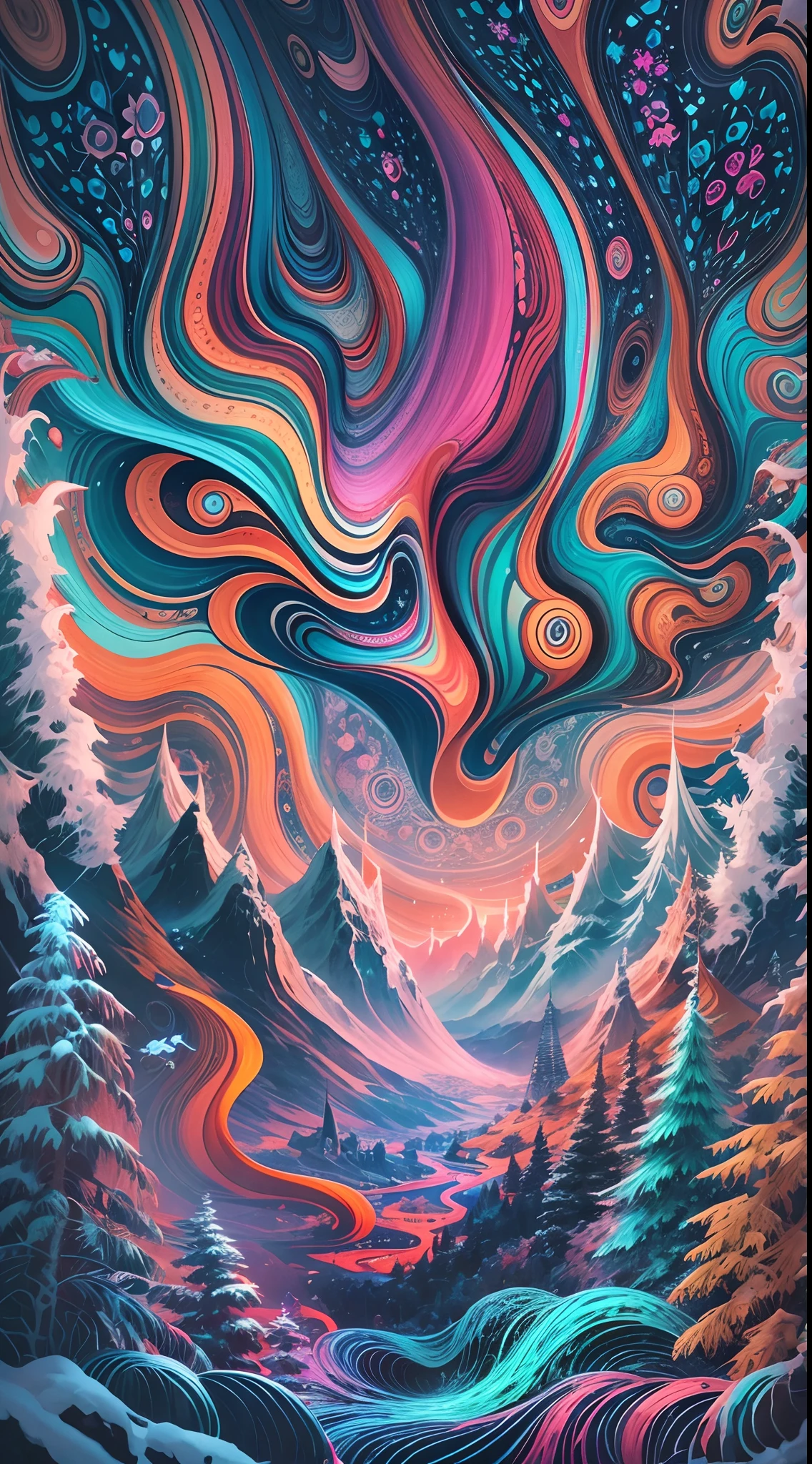 ((Winter wonderland, Snow-capped mountains, )),(Best quality,4K,8K,A high resolution,Masterpiece:1.2),Ultra-detailed, [Vibrant colors], [psychedelic patterns], [Sparkling textures], [Abstract shapes], [Unique design], [A mesmerizing glow], [Creative composition], [Playful elements], [Dreamlike atmosphere], [Artistic expression], [fantasy surrealism], [energetic movement], [futurism aesthetic], [Magical charm], [Bold and energetic], [Psychedelic vibes], [Neon lights], [Eclectic combinations], [Ethereal beauty], [An otherworldly experience], [Whimsical touch], [Sensory overload], [mind-bending illusions], [electric energy], [Hypnotic vision], [Mysterious nature], [Imaginative footwear], [eye - catching detail], [dynamic contrast], [Psychedelic color palette], [delicate craftsmanship], [Attractive visuals], [Fascinating perspective], [Unconventional design], [Mindset expansion], [An unforgettable shock].