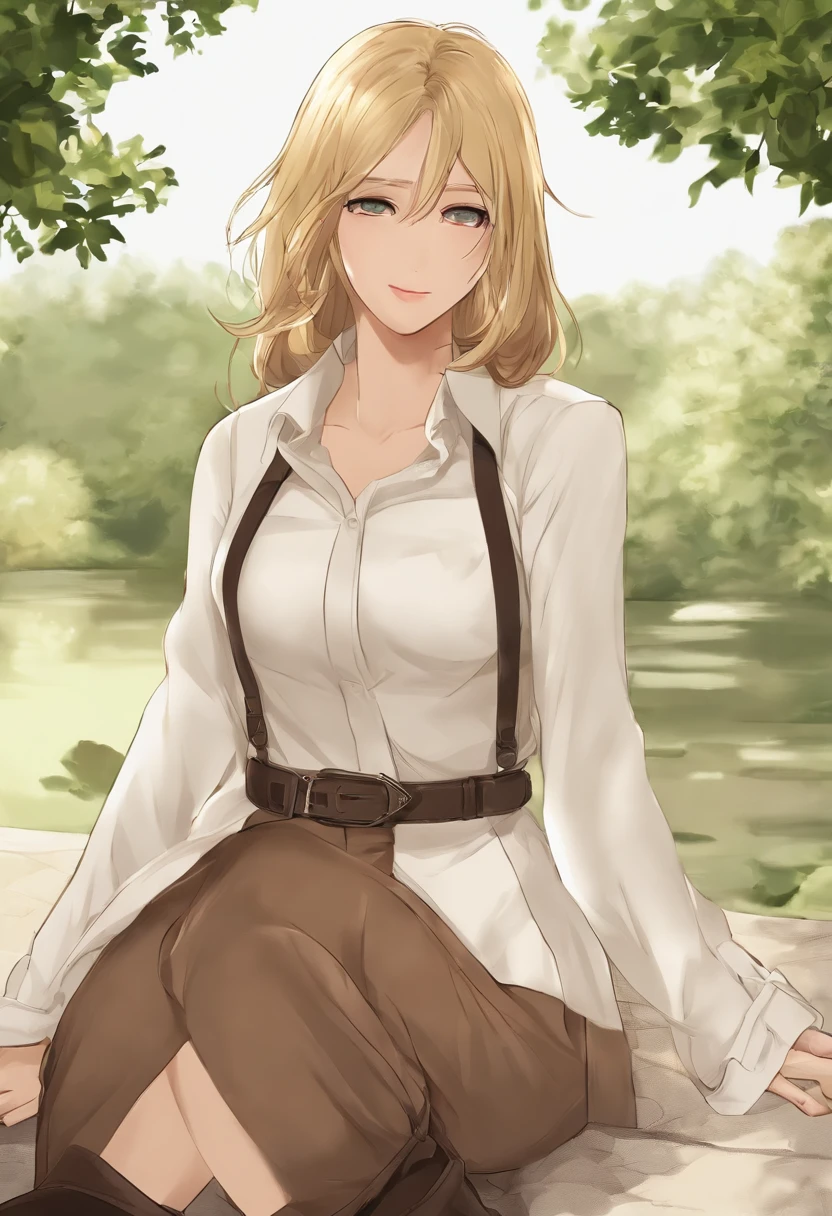 Style AOT, Shingeki no Kyojin,, , Christa Renz,, 1fille, ceinture, Ceinture, cheveux blonds, yeux bleus, chaussures brunes, Pantalon marron, boucle, ceinture thoracique, collared shirt, diamant (forme), cheveux flottants, From the side, corps entier, fond gris, cheveux entre les yeux, mains sur ses propres cuisses, cheveux longs, manches longues, looking ahead, Propres mains ensemble, pantalon, lips parted, chemise, chaussures, assis, seulement, scintiller, star (symbole), sangle de cuisse, chemise blanche, , , ((Masterpiece)), Best quality, ,