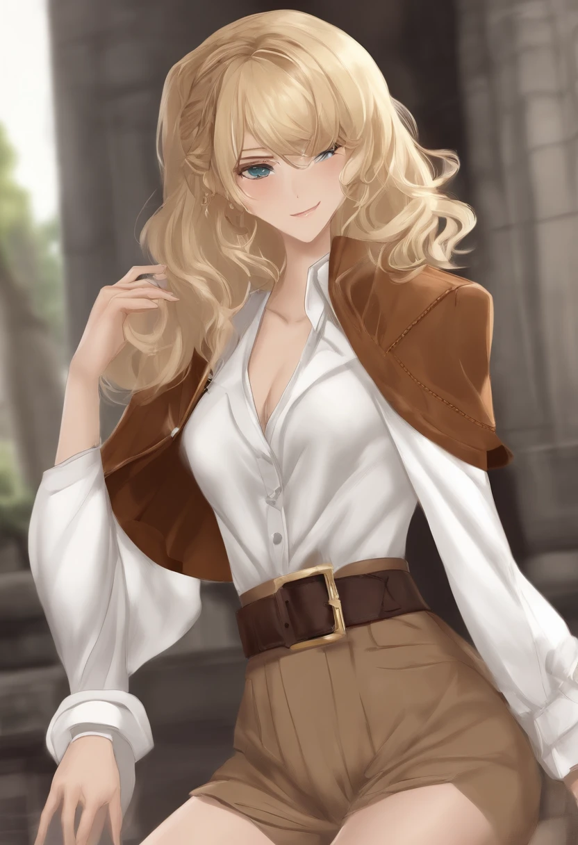 Style AOT, Shingeki no Kyojin,, , Christa Renz,, 1fille, ceinture, Ceinture, cheveux blonds, yeux bleus, chaussures brunes, Pantalon marron, boucle, ceinture thoracique, collared shirt, diamant (forme), cheveux flottants, From the side, corps entier, fond gris, cheveux entre les yeux, mains sur ses propres cuisses, cheveux longs, manches longues, looking ahead, Propres mains ensemble, pantalon, lips parted, chemise, chaussures, assis, seulement, scintiller, star (symbole), sangle de cuisse, chemise blanche, , , ((Masterpiece)), Best quality, ,