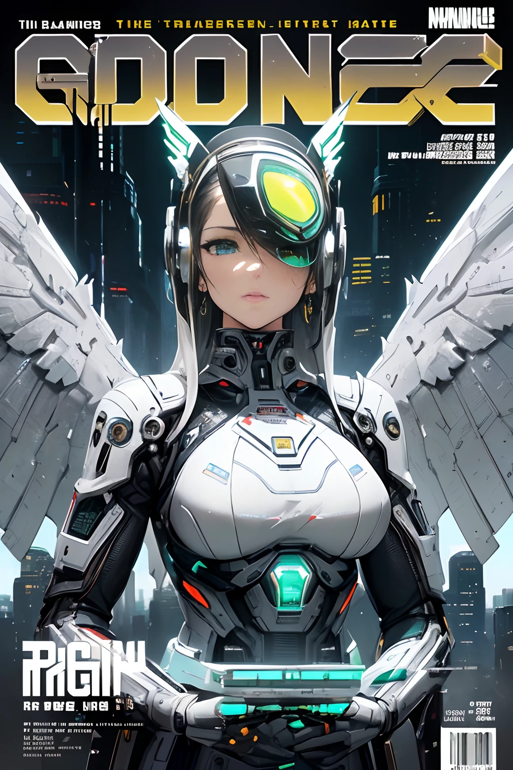 masterpiece, (best quality), (ultra-detailed), (ultra-realistic:1.2), landscape, sci-fi, transistorpunk, cyberpunk, biopunk, (magazine cover:1.4), (gray, white), female huge robot, visor, earring, mechanical angel wings on the back, angel wings, future town, dynamic pose, dynamic angle, small breasts, luxury, (gold, silver, green), neon