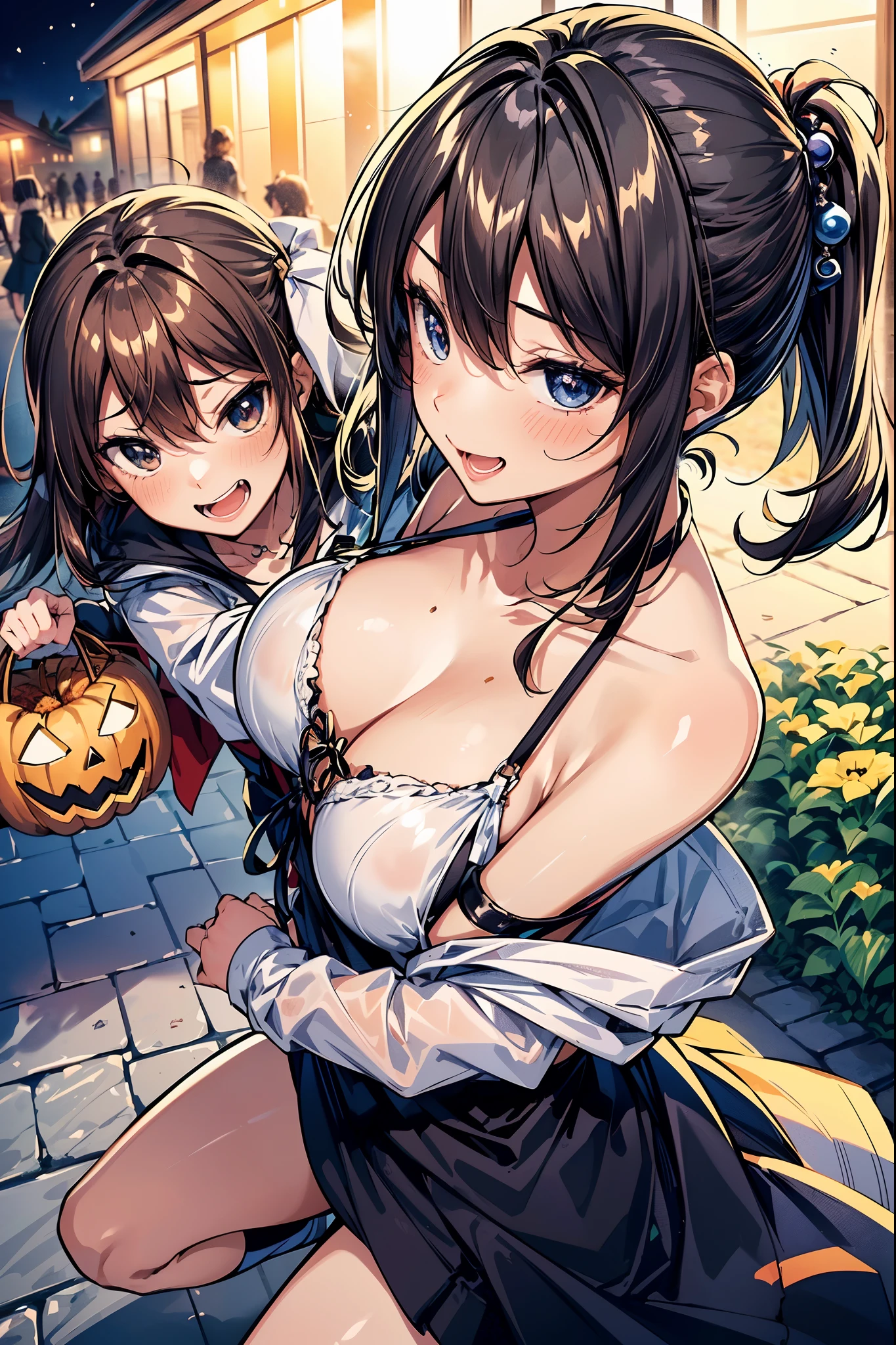 Group shot, 2 cute anime girls (running fast:1.2, hugging from behind), (2Girls, pair:1.2), cozy wallpaper, anime moe artstyle, kantai collection style, 4 k manga wallpaper, anime visual of a cute girl, anime wallaper, anime style 4 k, trick or treat, halloween, Jack O lantern, basket filled of many candies, ((high detailed witch outfits:1.2, robe, witch's pointing hats:1.1)), (vampire costume:1.2), ((dark chestnut medium short hair:1.25, updo, wavy hair)), outdoor, in a park, (blurry background, bokeh), (in a night:1.2), ((ultra high resolution, 8K RAW photo, photo realistics:1.2)), fine detailed face, beautiful detailed eyes, ultra detailed smooth skin, (looking away, laughing, surprising:1.2), ((sfw:1.25)), (correct anatomy:1.5), (dutch angle, wide shot:1.3, from above),