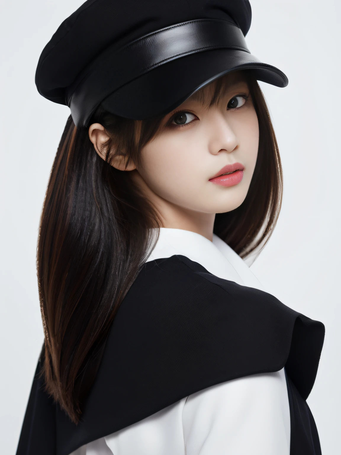 8620 (maitetsu),8620 (uniform),masterpiece, best quality, ultra-detailed, illustration,black dress,hat,looking back,:d,white background,((Eye highlights))