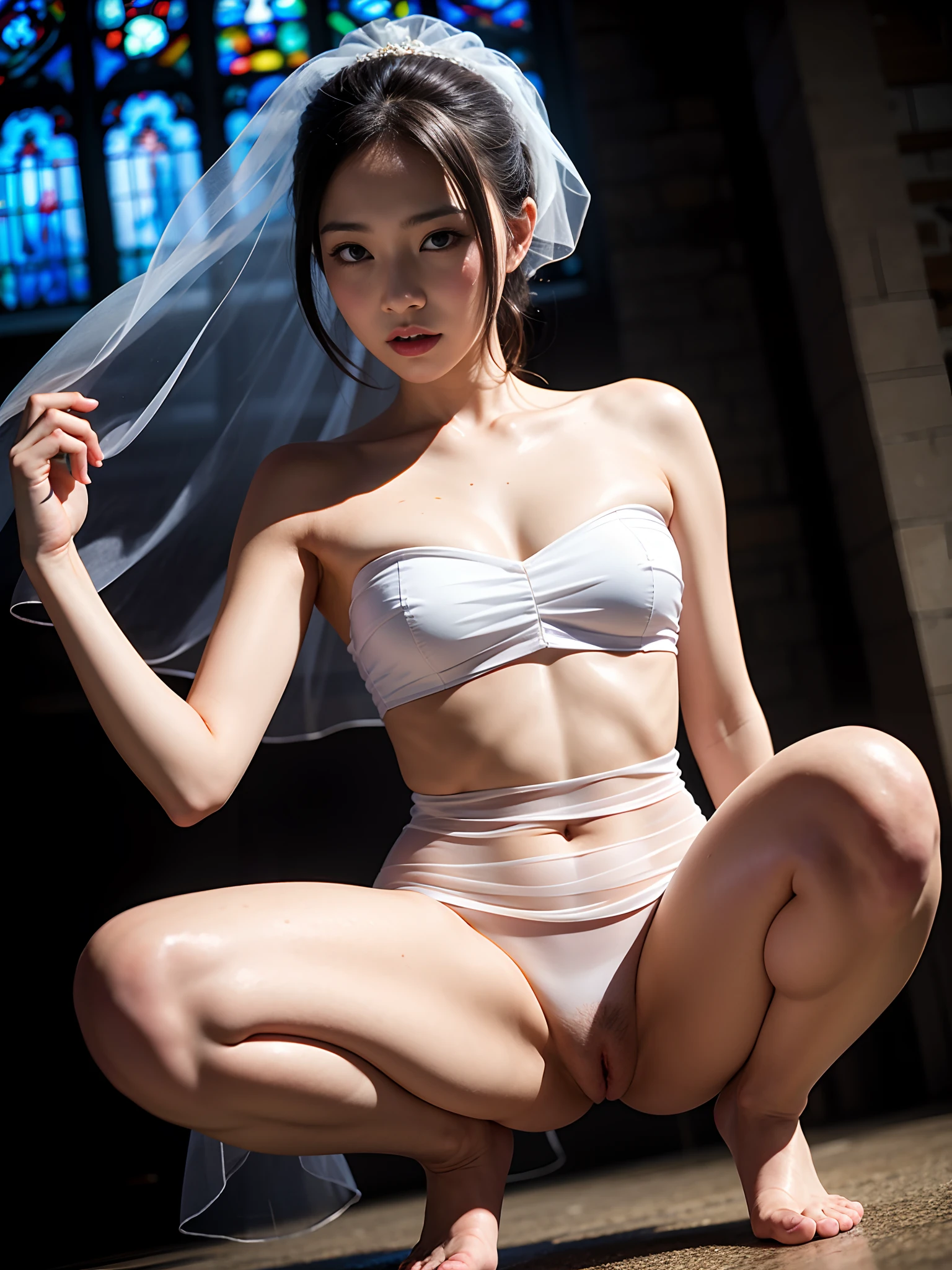Realistic pretty Taiwanese imouto, dark hair tied, frisky, raunchy, flat chest small breasts, short white strapless sheer chemise, pokies, smooth pubic mound, groin, loin, wedding veil, submissive slave squatting in church legs spread from below, sweat, moist