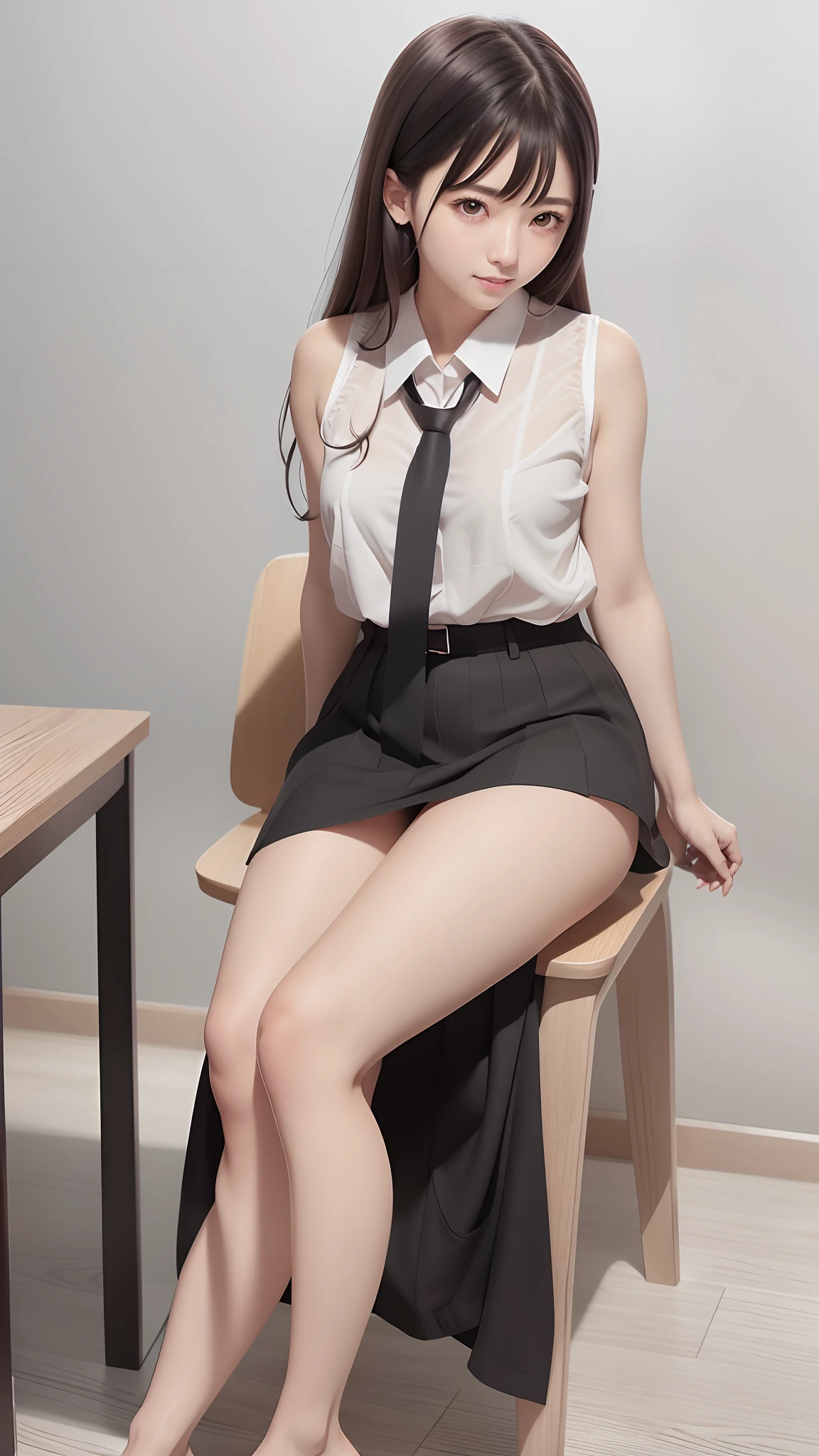 There is a woman sitting on a chair in a skirt and tie, Cute Schoolgirl, White panties are clearly visible from a low angle.、The seams of the panties are also clearly visible.、of a schoolgirl posing, japanese girl school uniform,flaxen ponytail、 chiho, Young Pretty Gravure Idol, wearing japanese school uniform, Young Gravure Idol, Realistic Young Gravure Idol, 奈良美智, Japan school uniform