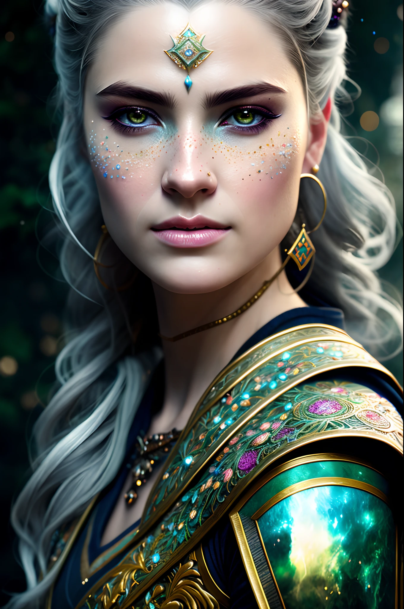 Realistic role-playing face portrait painting of a beautiful rpg champion, pastel color, intricate details, fantasy, universe, intricate magical embroidery, very detail hair, very detail eyes, intense face, [elden ring|d &amp; d] concept art, rpg portrait, octane render, cinematic lighting, (soft shadow:1.2), close up, depth of field, splash art, art by wlop and, greg rutkowski