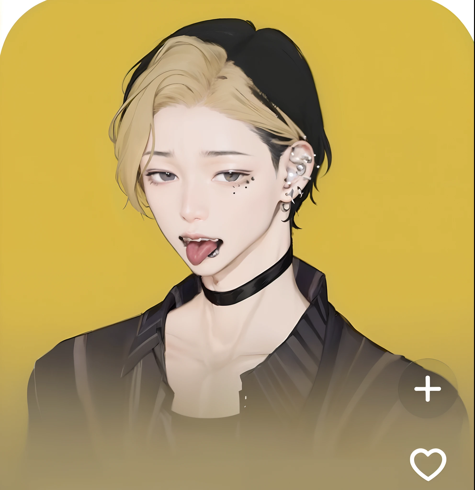 man、Black hair、 With golden bangs、 piercings、The eyes were cut and drooping,、There is a mole under the mouth、wearing a shirts、The forehead is protruding 、sticking out the tongue、Two-block hair、Multiple piercings、Black eyes 、Medium short hair