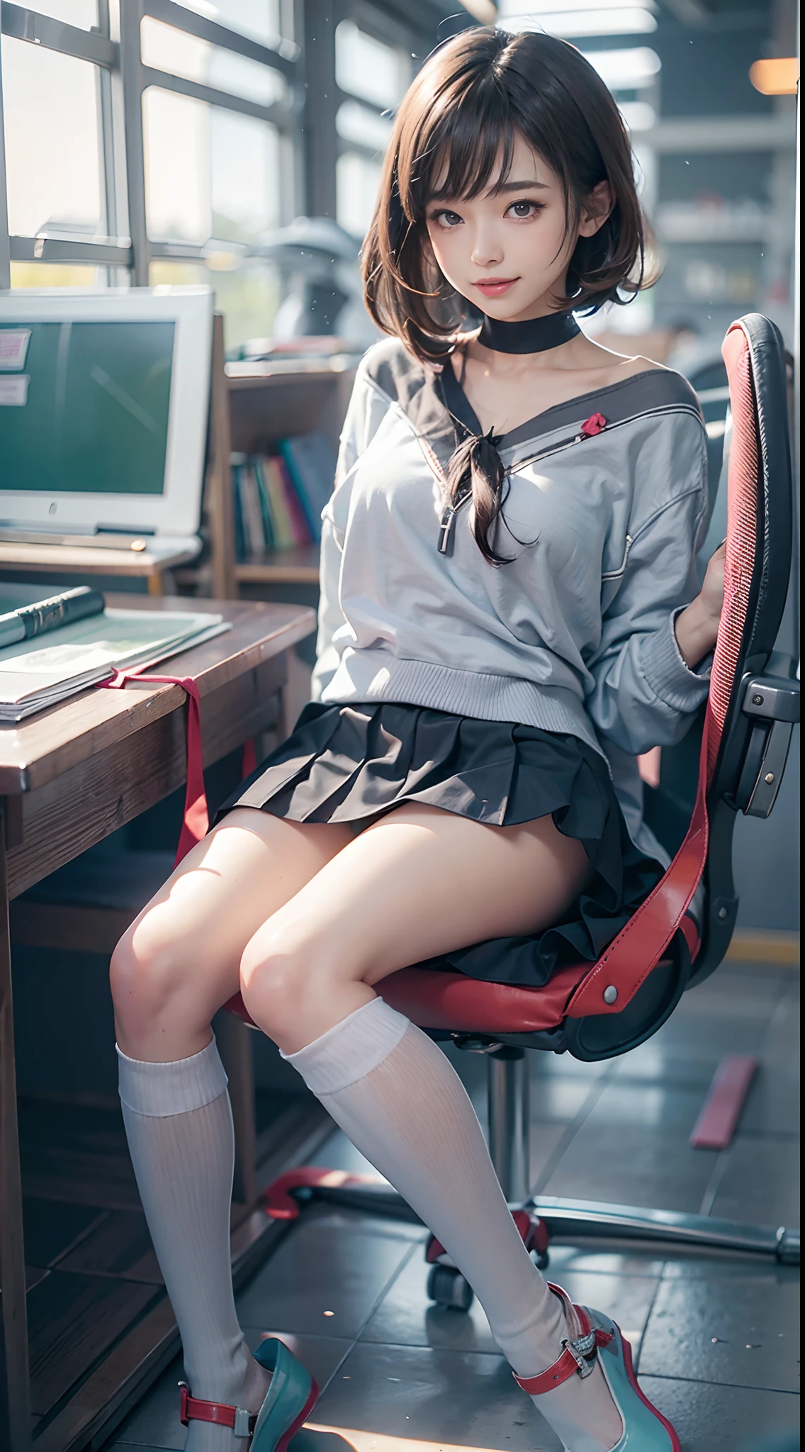 (NSFW), 1womanl, Solo, 24 year old, 7headed body, (cute  face), (Ideal ratio body proportions), ‎Classroom, shool uniform, Sweatshirt, Ultra mini skirt, heavy wind, ((The skirt flips up in the wind)), white  panties, panties focus, long , Sexy body, Wet, Smiling smile, short-hair, Dark hair, small tits, A slender, Small buttocks, beauty legs, Skinny Legs, surrealism, Cinematic lighting, depth of fields, One-person viewpoint, F/1.8, 135 mm, nffsw, masutepiece, ccurate, ((Anatomically correct)), Textured skin, Super Detail, high details, High quality, awardwinning, Best Quality, hight resolution, 8K