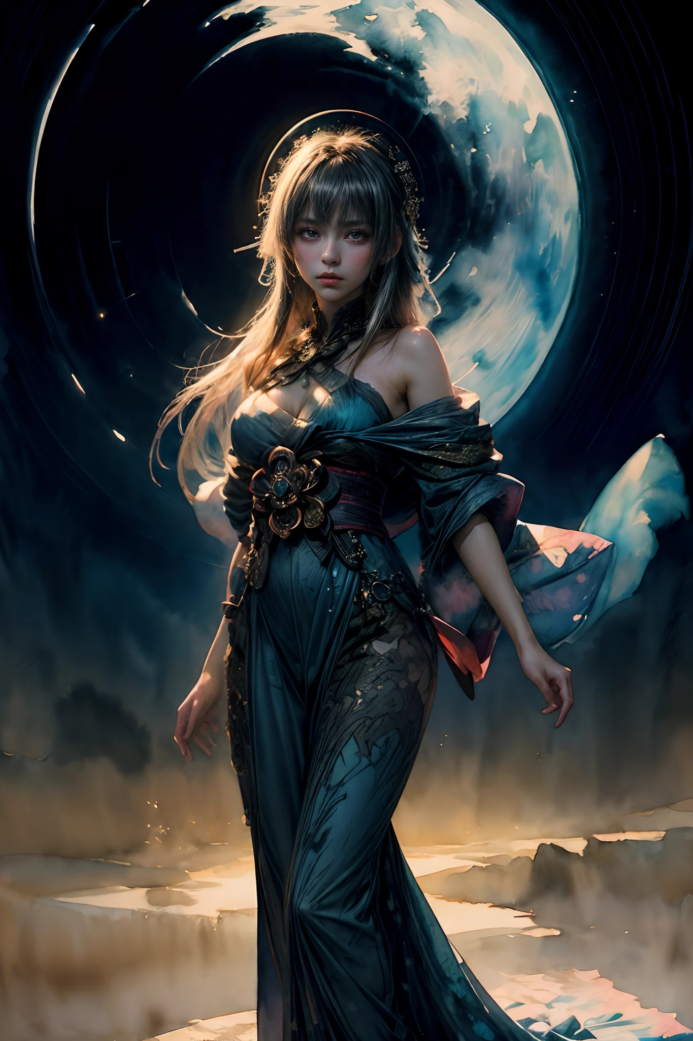 (masterpiece, top quality, best quality, official art, (beautiful and aesthetic:1.4), (watercolor:1.4) ), (Tsukuyomi:1.5), Japanese mythology deity, ephemeral beauty, ethereal presence amidst the moonlight, divine elegance, serene and contemplative expression, celestial garments flowing, silver radiance illuminating the nocturnal landscape, a dance of shadows and light, whispers of ancient lore