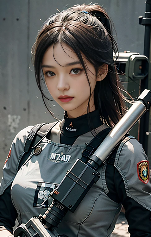 Highest image quality, outstanding details, ultra-high resolution, (realism: 1.4), ((close up:1)), highly condensed delicate surface, 1 machine generater, multiloader, excavator, (machine color base ratio dark grey:0.8 other-color:0.2), (putting a anti-aircraft weapon), background simple gray wall,
