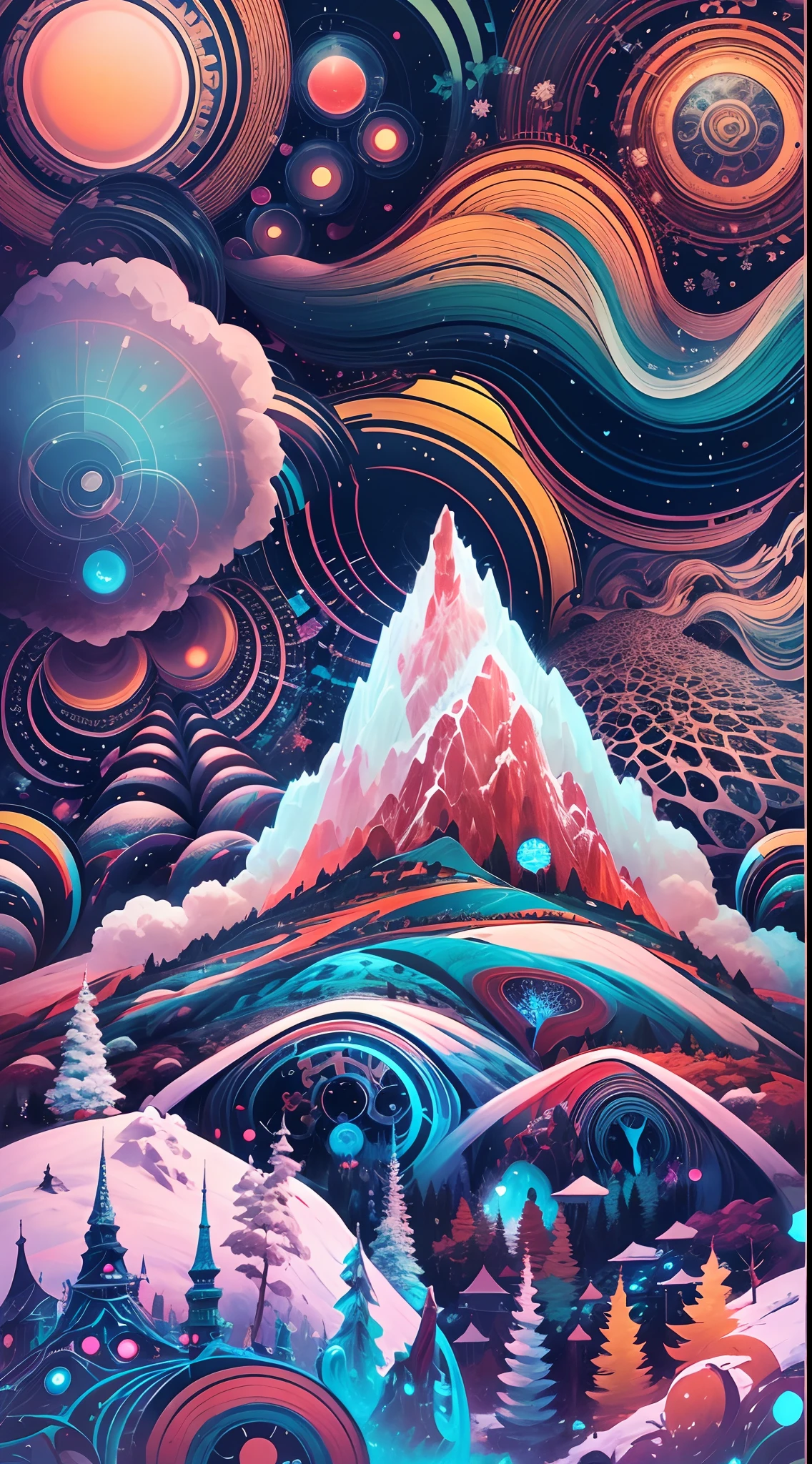 ((Winter wonderland, Snow-capped mountains, )),(Best quality,4K,8K,A high resolution,Masterpiece:1.2),Ultra-detailed, [Vibrant colors], [psychedelic patterns], [Sparkling textures], [Abstract shapes], [Unique design], [A mesmerizing glow], [Creative composition], [Playful elements], [Dreamlike atmosphere], [Artistic expression], [fantasy surrealism], [energetic movement], [futurism aesthetic], [Magical charm], [Bold and energetic], [Psychedelic vibes], [Neon lights], [Eclectic combinations], [Ethereal beauty], [An otherworldly experience], [Whimsical touch], [Sensory overload], [mind-bending illusions], [electric energy], [Hypnotic vision], [Mysterious nature], [Imaginative footwear], [eye - catching detail], [dynamic contrast], [Psychedelic color palette], [delicate craftsmanship], [Attractive visuals], [Fascinating perspective], [Unconventional design], [Mindset expansion], [An unforgettable shock].
