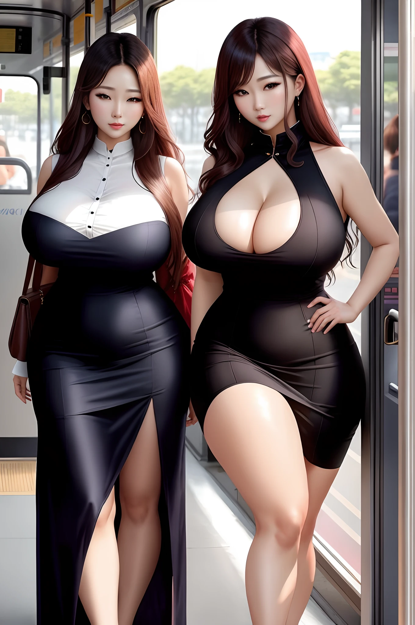 1women,Korean idol,mature women ,thick,busty,broad shoulders, long torso,saggy breasts,gigantic breasts, extreme wide hip, thick thighs thighs,busty,thick,bus,long dress,looking at viewer,seductive, standing