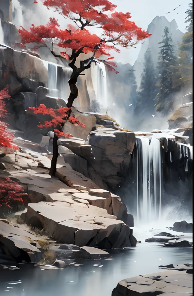 Ink, scenery stone, melting, abstract, dust, water splash, waterfall, bird, branch, looking at viewer, traditional media (best quality, 4k, highres, masterpiece:1.2), ultra-detailed, realistic:1.37, HDR, studio lighting, vivid colors, portraits, sharp focus, bokeh, warm color tone, soft diffuse lighting.