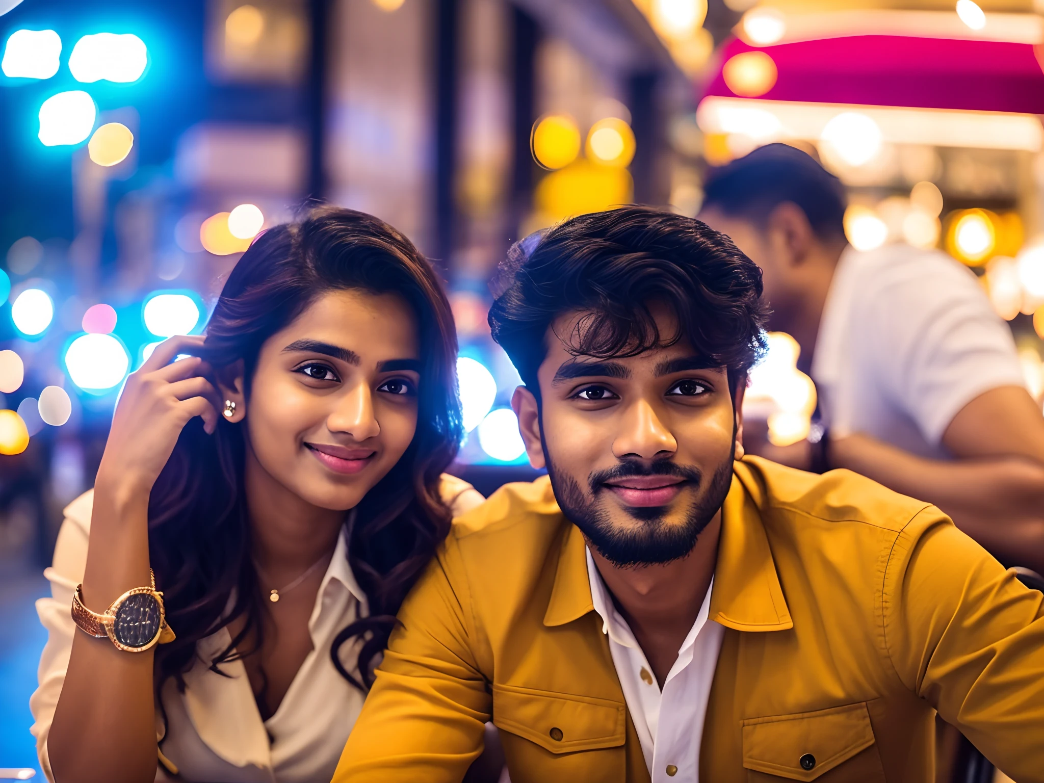 there is a man and woman sitting at a table together, lovely couple, in love selfie, candid picture, couple pose, very very high quality picture, 8k selfie photograph, couple, happy couple, with lovely look, selfie, taken with sony alpha 9, in city street, selfie photo, jayison devadas, roshan, romantic couple, cute photo