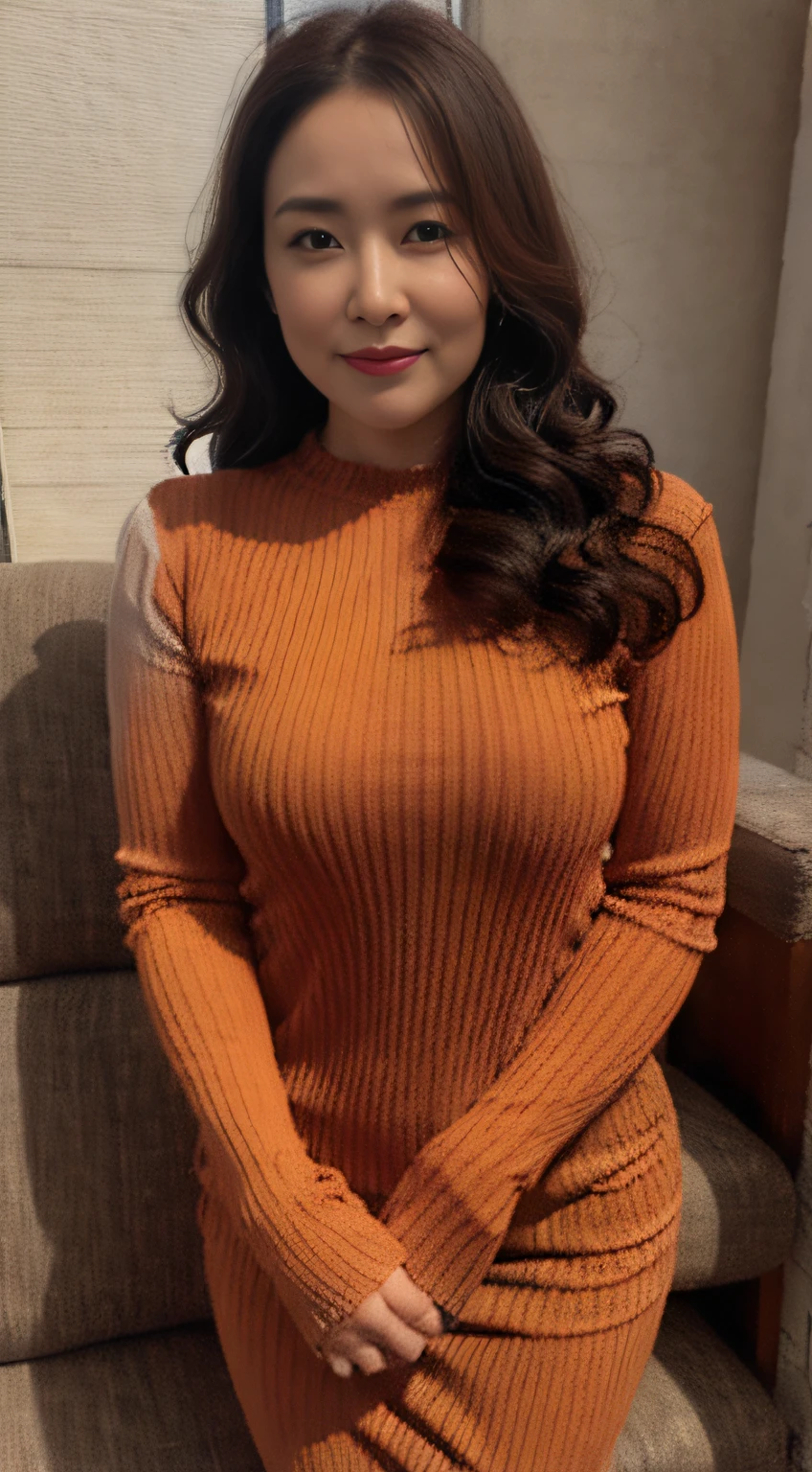 In the living room with sofa, there is a woman in an orange knitted dress posing for a photo, Crewneck clothes,Knitted tight clothing set, clear curvy details, 8K)), ( ivory black ), lacey, The upper part of the body, full - length view,Wavy hairstyles