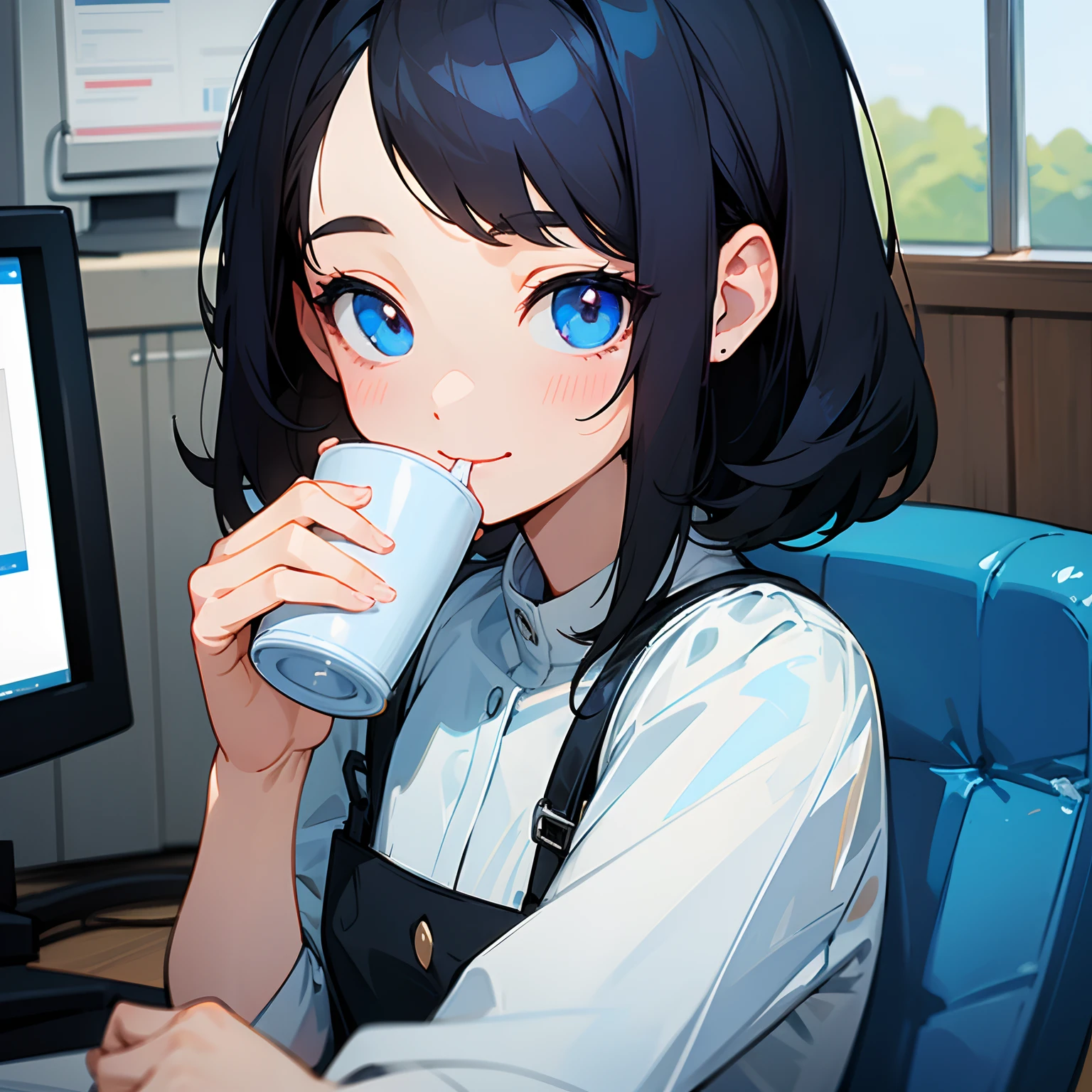 Beautiful illustration、top-quality、girl with、Black hair、shorth hair、A slight smil、(((Delicat eyes)))、blue eyess、drinking a cup of coffee、officeworker、personal computers