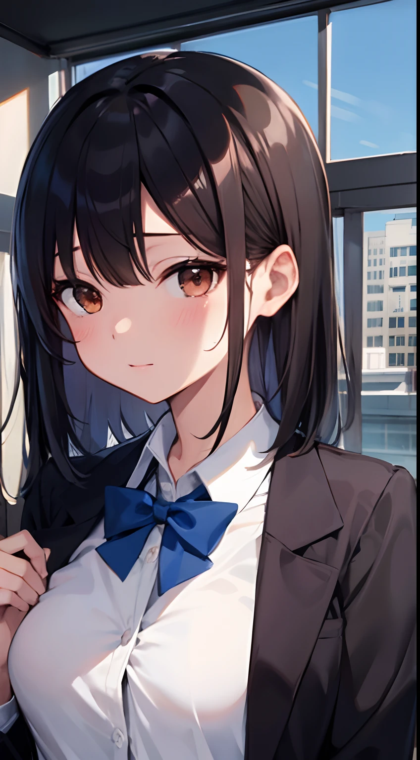 NSFW, Illustration, masutepiece, Best Quality, Ultra-detailed, Medium Hair, Straight hair, Black hair, Younger, School uniform, Brown eyes, city,