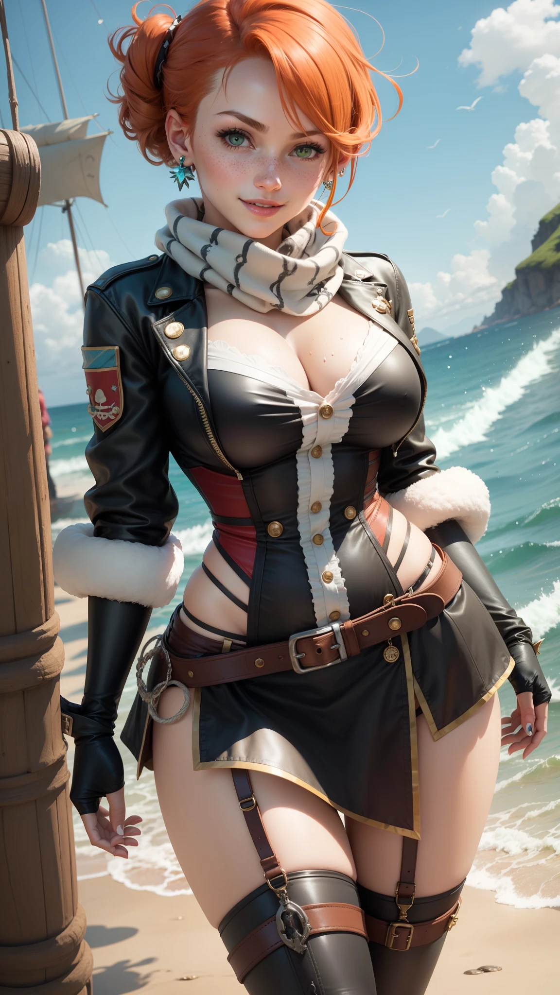 gwen tennyson,tracer,yorha 2b,sinon, asuna yuuki,atelier ryza,pirate outfit, beach,ager,green eyes,thigh high boots,garter belt,striped panties,short hair,orange hair,pirate ship,smile,white striped top,open front skirt,wet body, freckles,redhead,pirate corset,pirate jacket,beautiful girl,large breasts,ultra detailed,realistic,pearl earrings,long scarf,
