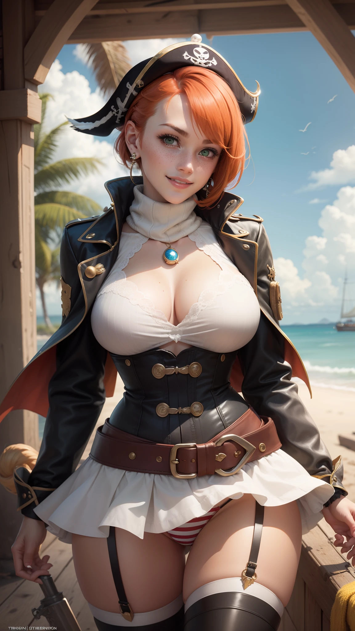 gwen tennyson,tracer,yorha 2b,sinon, asuna yuuki,atelier ryza,pirate outfit, beach,teenager,green eyes,thigh high boots,garter belt,striped panties,short hair,orange hair,pirate ship,smile,white striped top,open front skirt,wet body, freckles,redhead,pirate corset,pirate jacket,beautiful girl,large breasts,ultra detailed,realistic,pearl earrings,long scarf,