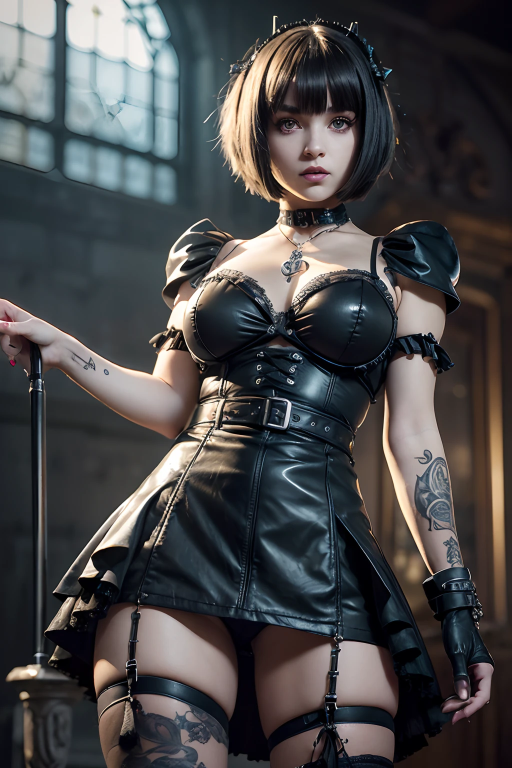 (((Top Quality: 1.4))),(Unparalleled Masterpiece), (Ultra High Definition),(Ultra-Realistic 8k CG),art by Luis Royo,18-year-old gothic punk girl,detailed cute face,black hair,gothic punk fashion,highly detailed gothic fashion,shot skirt, heavy make up,(Tattoos on the arms only),black lipstick,8 life size,London mansion background,Backlight effect, lens flare,depth of fields,blurry backround,Detailedface,1 girl,Cygnus,Detailed eyes,(bob cut hair:1.5), hair bangs,(thigh up shot image :1.5),