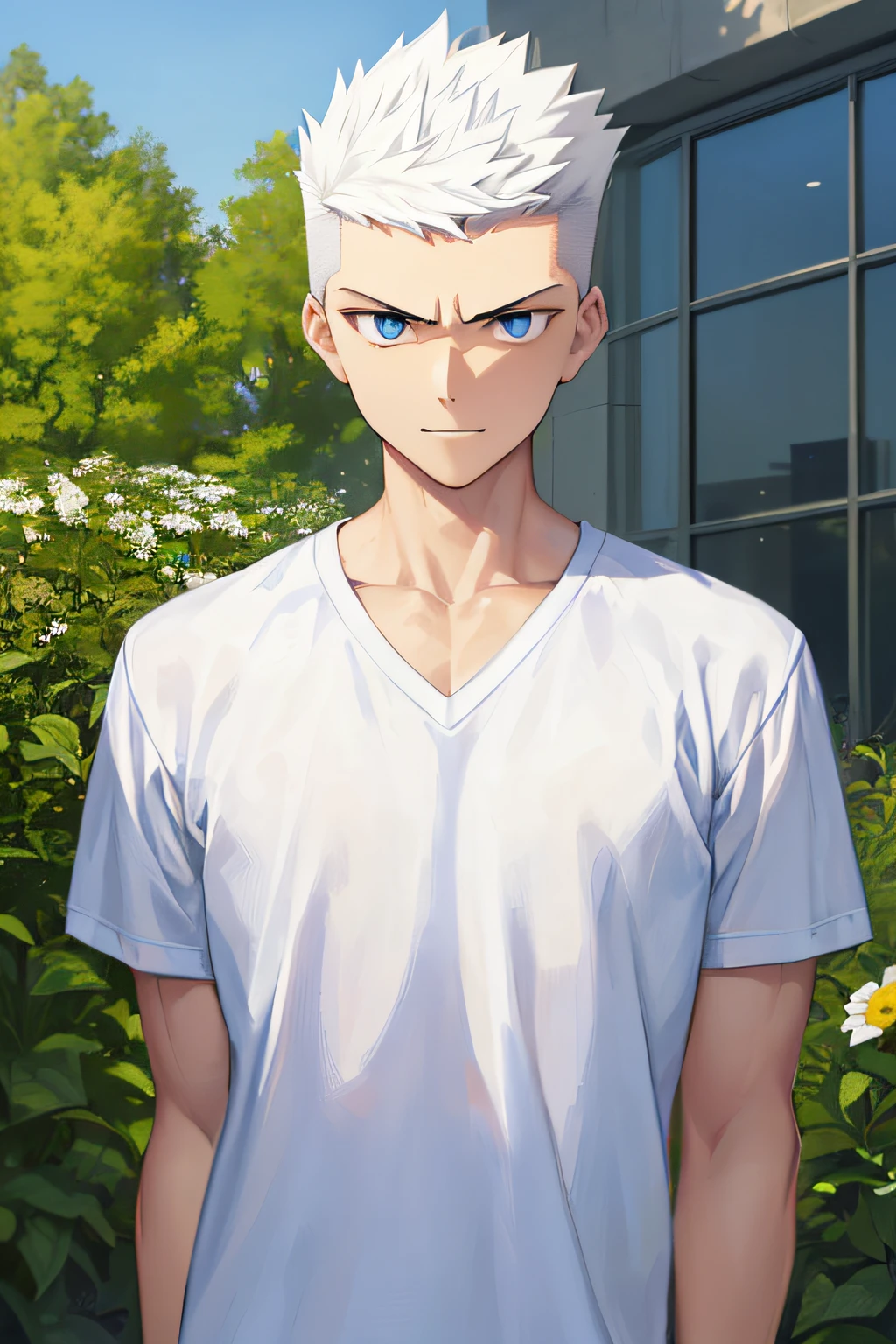 Teenage MAN, boy, (masterpiece, best quality), KujouCSA, break, 1boy, (Teenager), 15 years old, (((15 years))) high school student, alone, sports uniform, dark blue and white V-neck t-shirt, amber eyes, apathetic eyes, (((expressionless face))) lonely expression, apathy, slightly sad eyes, does not smile, short spiked hair, white hair, hair shaved on the sides, expressionless, caucasian skin, attractive, teenager, toned pecs, muscular arms, bull neck, smile, aesthetics, look at viewer, upper body photo, university classroom, rest, garden manor. (((short spiked hair))) (((short spiked hair)))