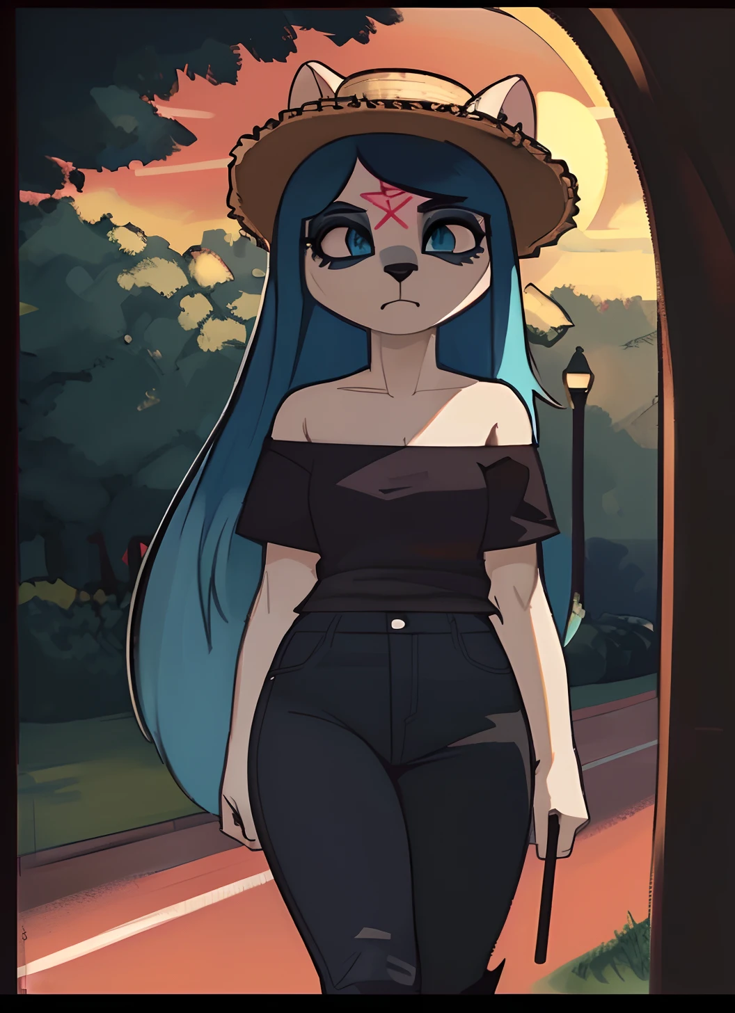 [Claire (the summoning)], [Uploaded to e621.net; (Pixelsketcher), (wamudraws)], ((masterpiece)), ((solo portrait)), ((furry; anthro)), ((detailed fur)), ((cel shading)), ((detailed shading)), ((beautiful render art)), {anthro, white fur, black nose, pink pentagram on forehead, long blue hair, dark blue slit eyes, (expressionless), frown, (curvy hips)}, {(short sleeve off-shoulder black tee shirt), (tight jeans), (goth boots), (dark blue laces), (straw hat)}, {(walking)}, [background; (park), (sunset), (orange sky), (sun rays)]