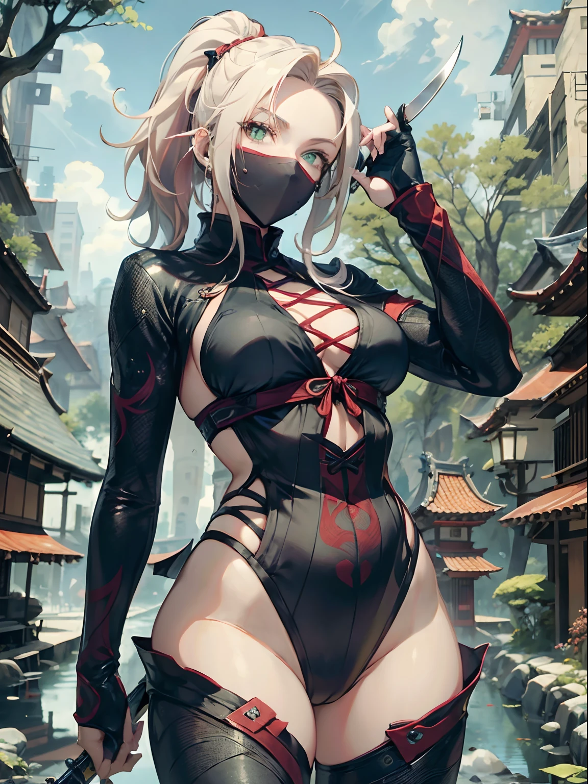 close shot, girl focus,Random pose,A female ninja on her way to her enemy,sexy full body, ponytail hair, skull drawing mask,sexy ninja suit, holding a metal battle knife,tattoo,BREAK japanese pagoda,pond, Sakura tree, kunai and shuriken lay around,artwork,3D,4K,Detailed,Realistic,4k highly detailed digital art,octane render, bioluminescent, BREAK 8K resolution concept art, realism,by Mappa studios,masterpiece,best quality,official art,illustration,ligne claire,(cool_color),perfect composition,absurdres, fantasy,focused,rule of thirds, blonde hair, green eyes, leotard, bare legs, full body, cowboy shot, perfect hands