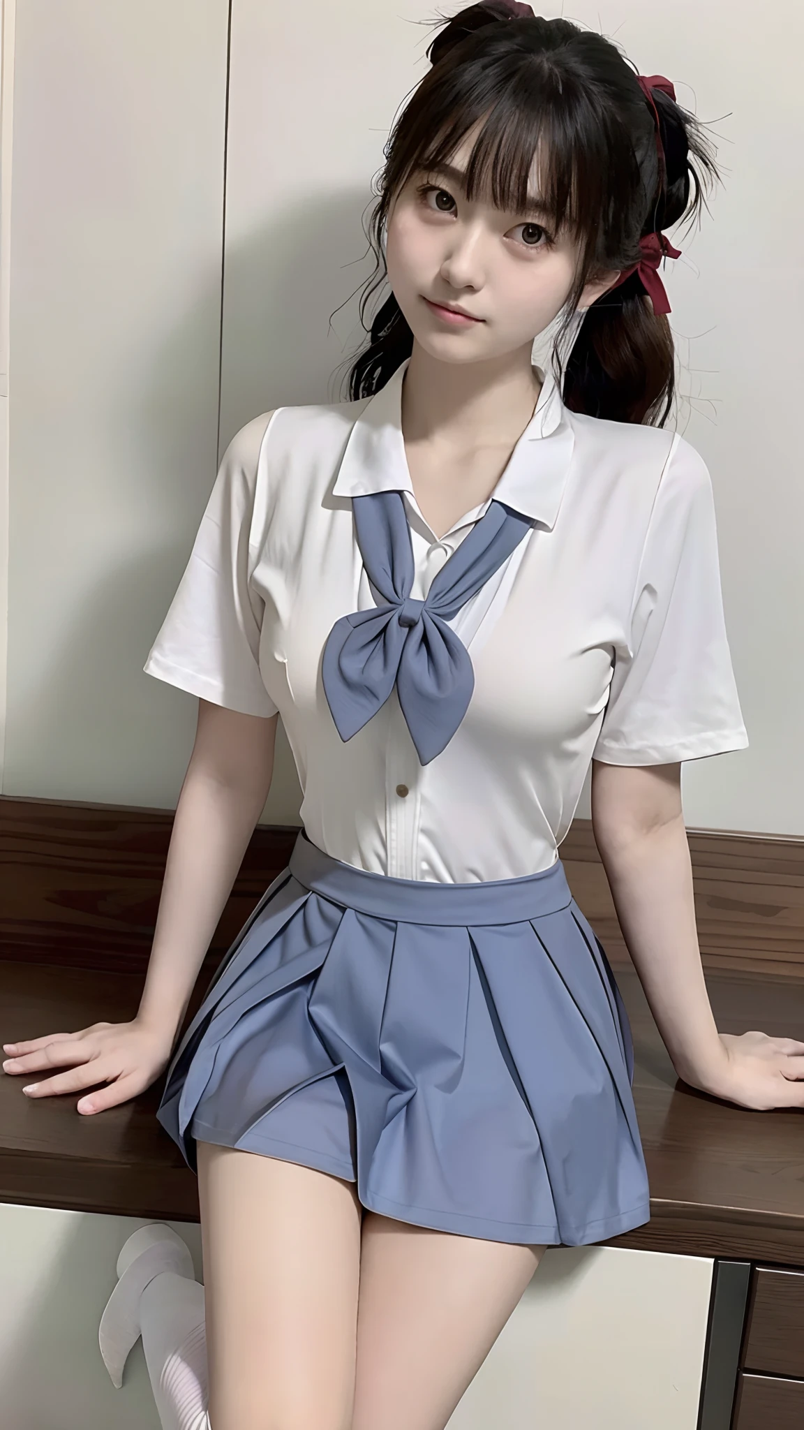 There is a woman sitting on a chair in a skirt and tie, Cute Schoolgirl, White panties are clearly visible from a low angle.、The seams of the panties are also clearly visible.、of a schoolgirl posing, japanese girl school uniform,flaxen ponytail、 chiho, Young Pretty Gravure Idol, wearing japanese school uniform, Young Gravure Idol, Realistic Young Gravure Idol, 奈良美智, Japan school uniform