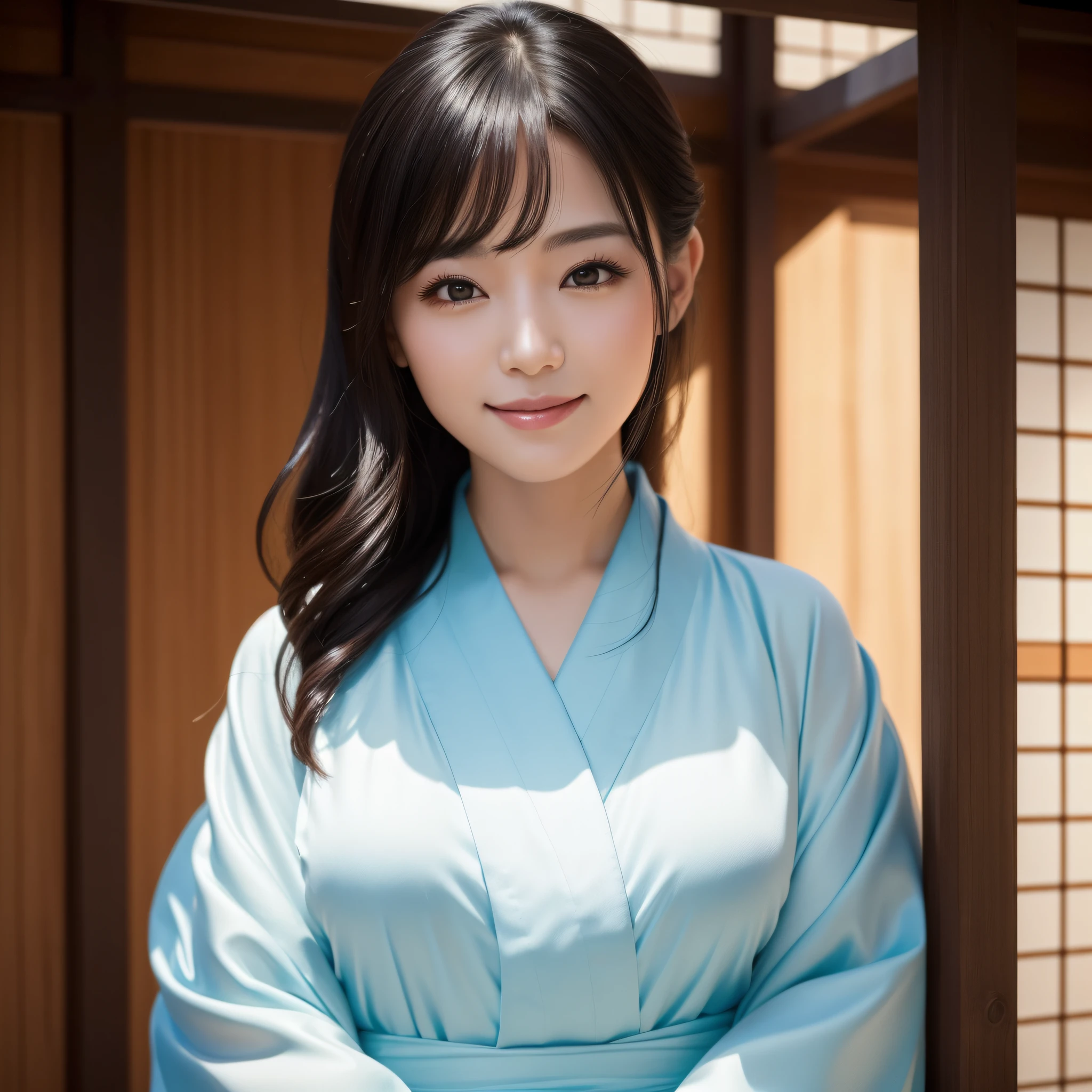 Woman in Kimono、((best qualtiy、8k masterpieces:1.3))、foco nítido:1.2、(ultra beautiful faces:1.0)、(shinny skin:1.0)、photos realistic、A dark-haired、Video Lighting、High-definition eyes and face、Video Lighting、Japan Idol Actress、from the front side、medium breasts、Smile、Slender Abs Beauty、Whole body、wearing kimonos、At the shrine in the early morning