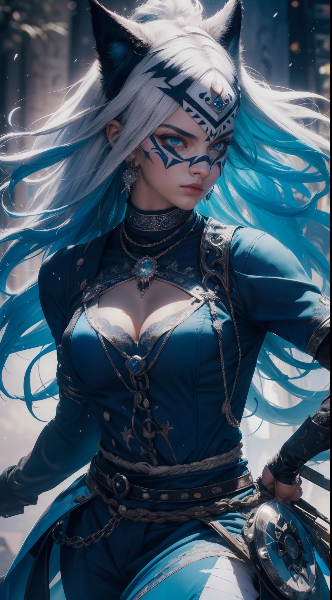 obra maestra, Disparo de vaquero, (1mujer), (Zorro blanco), (Vestimenta tribal:1.2), (Hermosos ojos azules), ((tribal (Aquila) tatuaje)), colores blanco y azul, Fondo brumoso, dynamic pose, (mirando al espectador), (Front view),( lobo:1.4),cuerpo detallado ,(manos:1.4),(desde el cielo), (Bokeh:1.2),8k, 。.......................3D, realista, Ultra Micro Photography, of the highest quality, Super detalle CG Unity 8k
