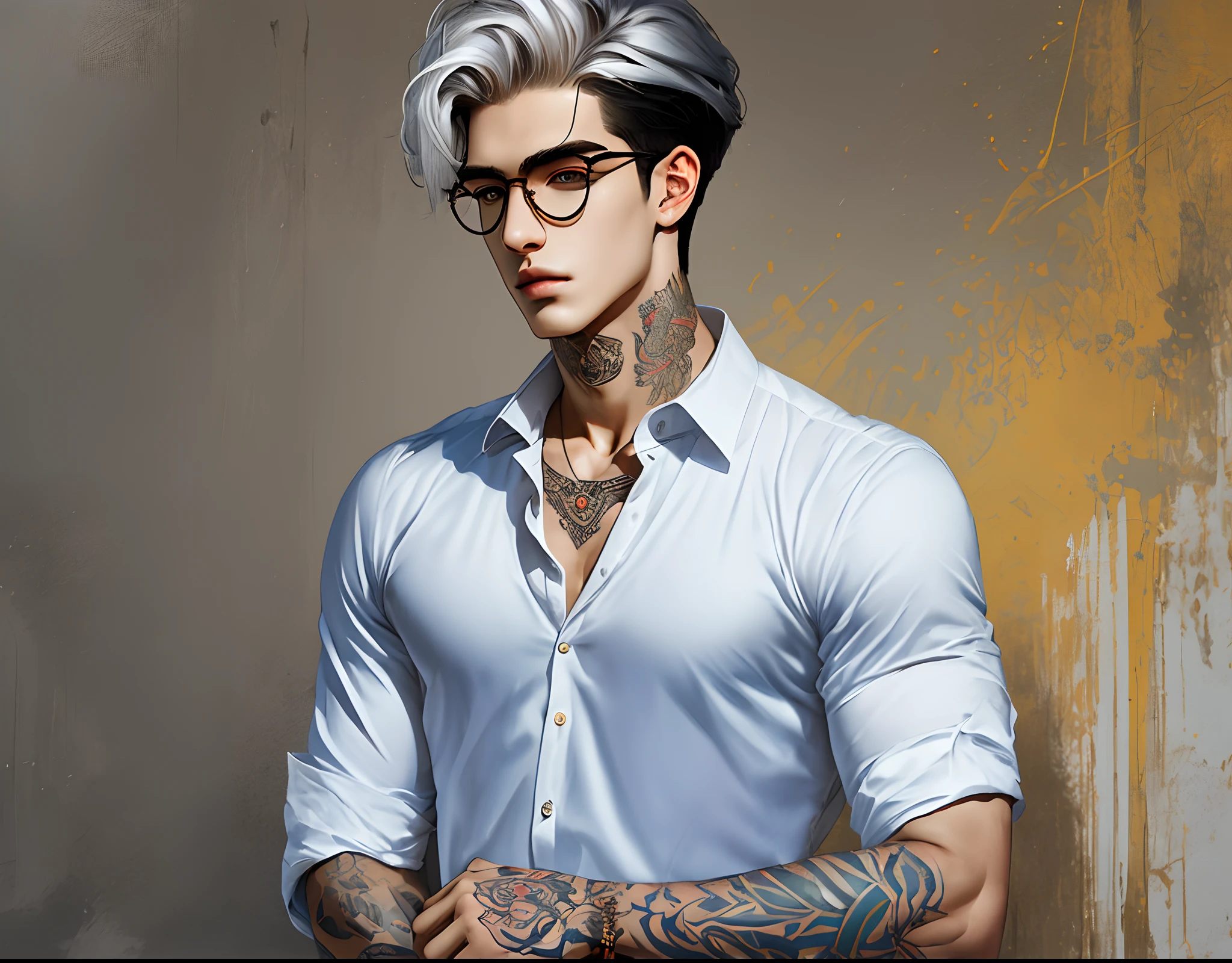 Create a masterful and highly-detailed portrait of a young man who is the epitome of sophistication. This young man should be the focal point of the artwork, with striking features like white hair, piercing yellow eyes, and intricate tattoos on his neck and arms. He’s dressed in a sharp white shirt, a black tie, and a brown vest, exuding an air of elegance. The background should be minimalistic to keep the focus on him. He wears round glasses and has short, neatly styled hair. His lips are slightly parted, revealing a sense of confidence. The artwork should showcase his hands, which are adorned with rings, resting on his shoulders, and his arms with the tattoos. He completes his look with a black shirt and a red undershirt. --auto --s2