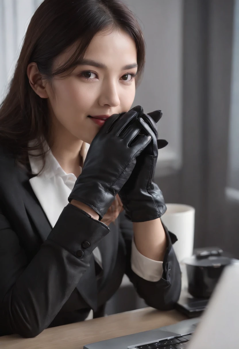 Wearing black leather gloves on both hands, Upper body, Black business suit, Facing the desk in my room with a computer in the dark, Smiling and looking at the screen, Operating the computer with the fingertips of black leather gloves, Black hair was tied back for a long time, Japan female new employee who is still young and very cute (Black leather gloves cover both hands)