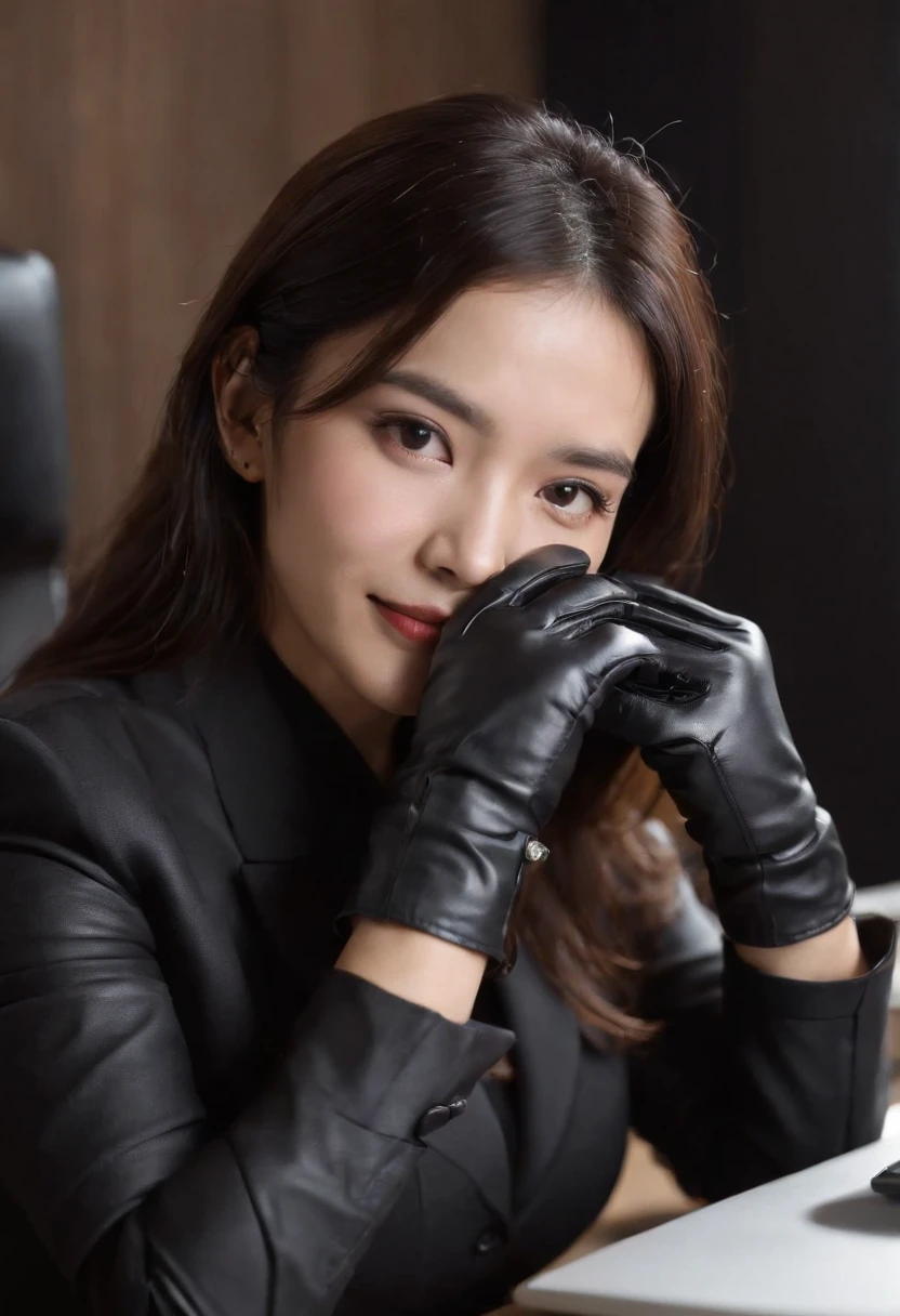 Wearing black leather gloves on both hands, Upper body, Black business suit, Facing the desk in my room with a computer in the dark, Smiling and looking at the screen, Operating the computer with the fingertips of black leather gloves, Black hair was tied back for a long time, Japan female new employee who is still young and very cute (Black leather gloves cover both hands)