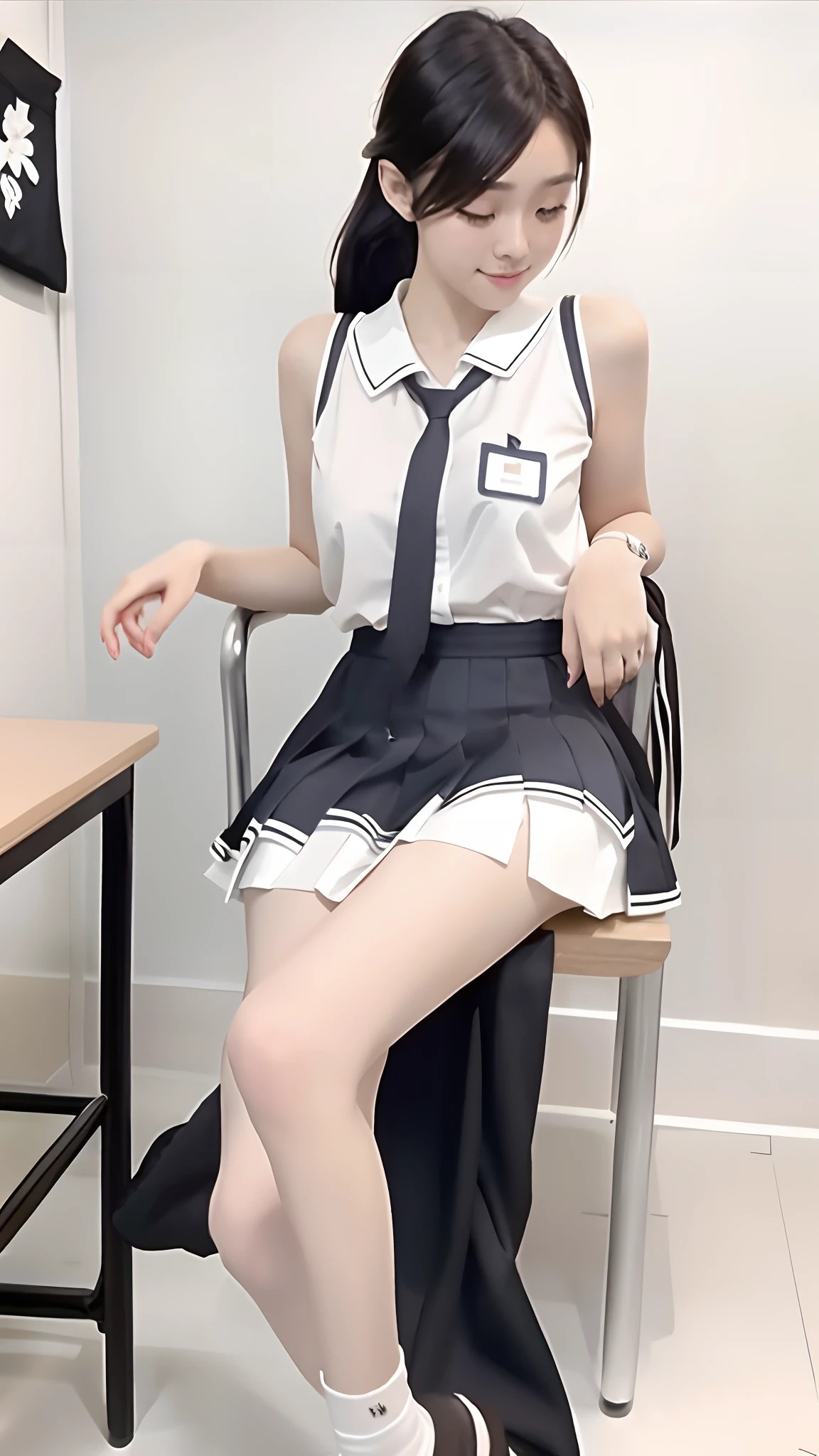 There is a woman sitting on a chair in a skirt and tie, Cute Schoolgirl, White panties are clearly visible from a low angle.、The seams of the panties are also clearly visible.、of a schoolgirl posing, japanese girl school uniform,flaxen ponytail、 chiho, Young Pretty Gravure Idol, wearing japanese school uniform, Young Gravure Idol, Realistic Young Gravure Idol, 奈良美智, Japan school uniform
