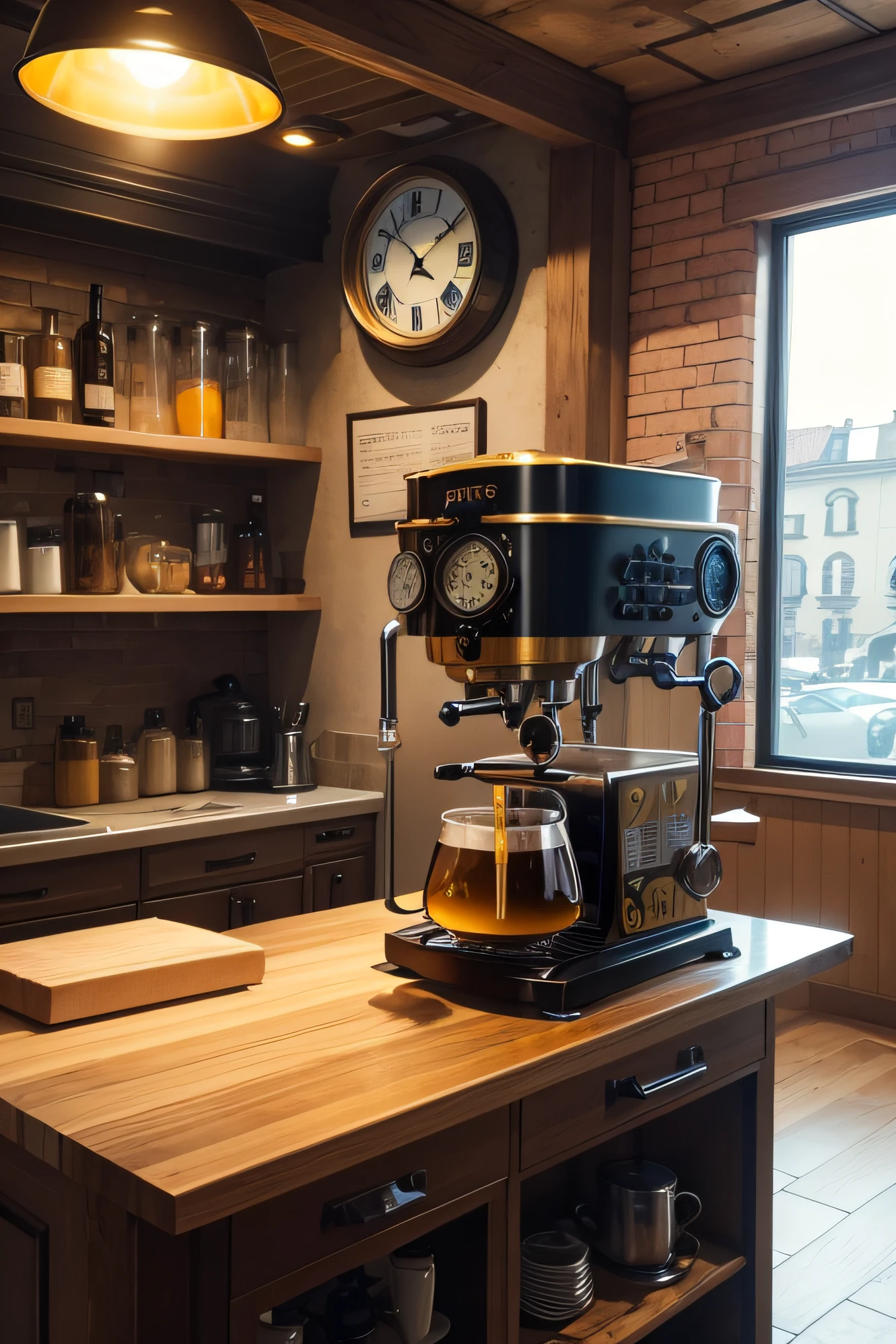 a beautiful modern minimalist design, sleek coffee machine, wooden grinder, leather notebook, steel pen, cotton canvas bag, blue and green color palette, high-tech, clean, simple, elegant