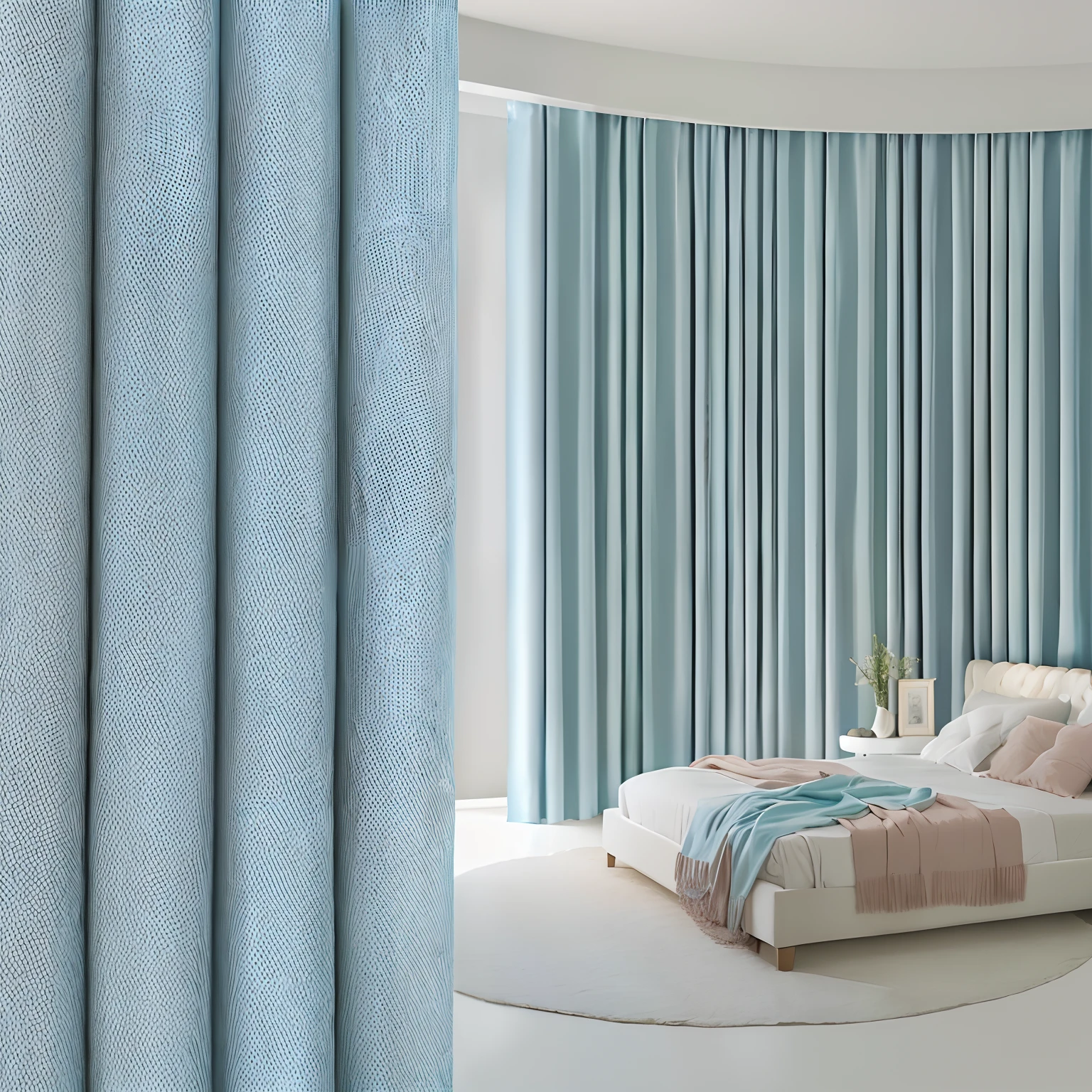 Alafid view of bed in blue curtain room, Blue drapery in winter, pale-blue, background made of big curtains, glistening seafoam, blue soft details, Subtle blue, hermosas cortinas, 4K/8, pastelcolor, 窗帘, Award-winning shadows, aurora, Curtains, designed for cozy aesthetics!, curtain