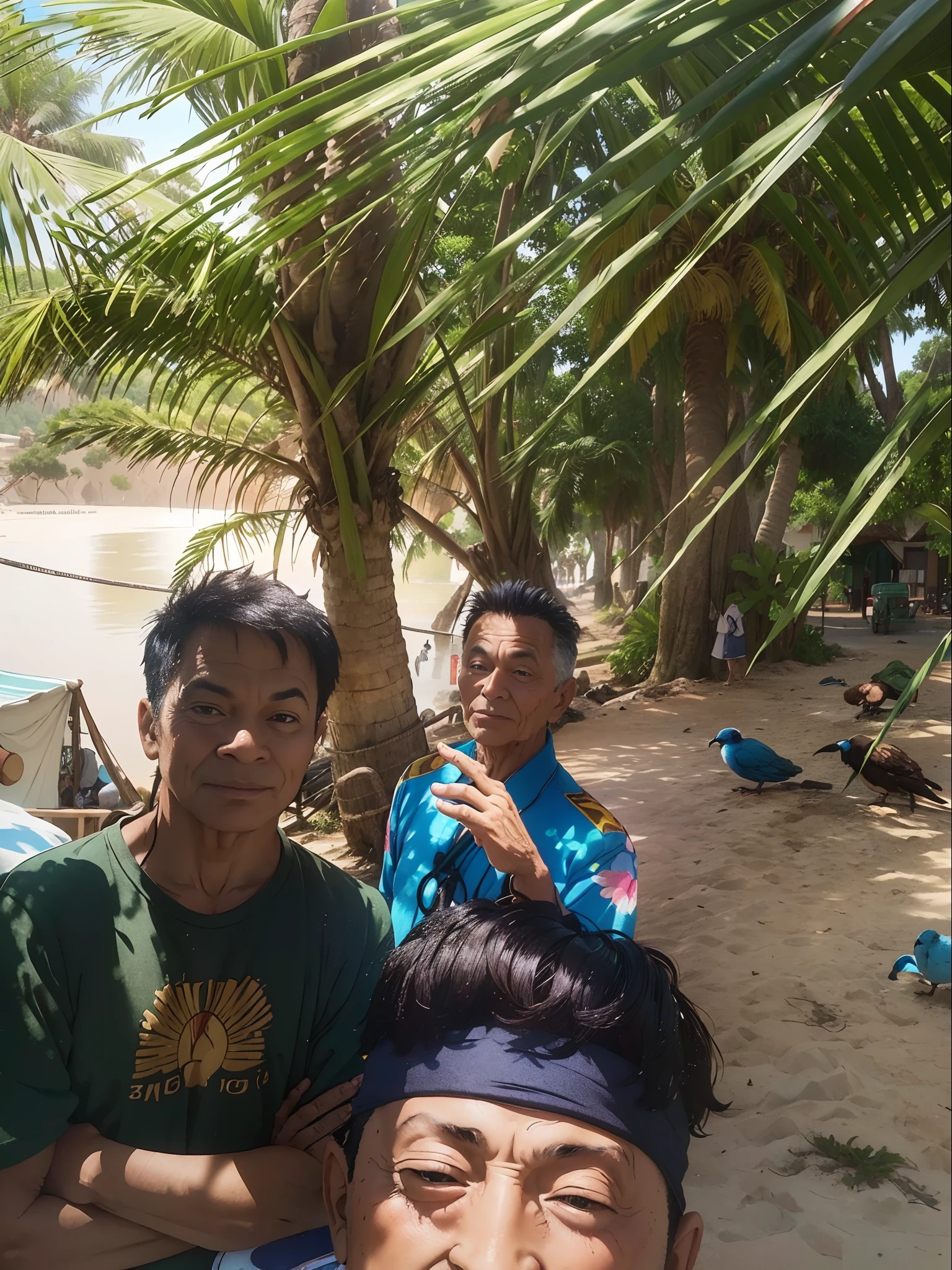 there are three men standing next to each other near a palm tree, with village, very very low quality picture, old picture, a picture, selfie photo, help me, with great birds, palm trees in the background, posing for a picture, with a figure in the background, during sunset, very accurate photo, in a village, selfie, Beach in the background