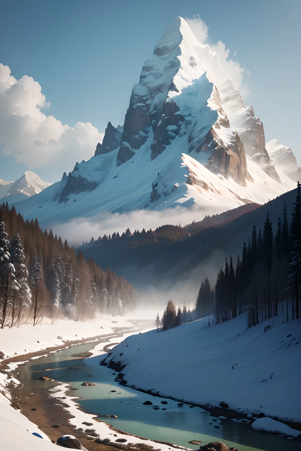 In the cold winter months,A majestic snow-capped mountain stands between heaven and earth。the peaks are towering,snow covered,It's like reaching straight to the sky。At the foot of the mountain flows an icy river,the river is crystal clear,Meander along the valley。In the distant mountains and forests,Snowflakes fell one after another,It brings a sense of mystery and poetry to this silent valley。