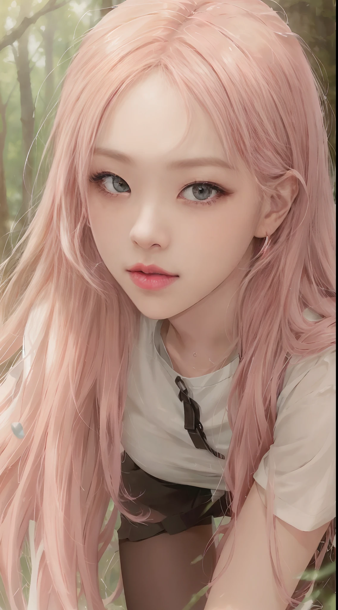 ((Rosè from Blackpink)), white t-shirt, tiny blue pleated skirt, pink panties, black tights to the waist, black high heels, close-up from thighs to face, shot from below, very fair skin, very long hair, wavy hair, camp, Forest, photorealistic, Indirect lighting, volumetric light, ray tracing, hyper-detailed, best quality, very high resolution, HDR, 8k