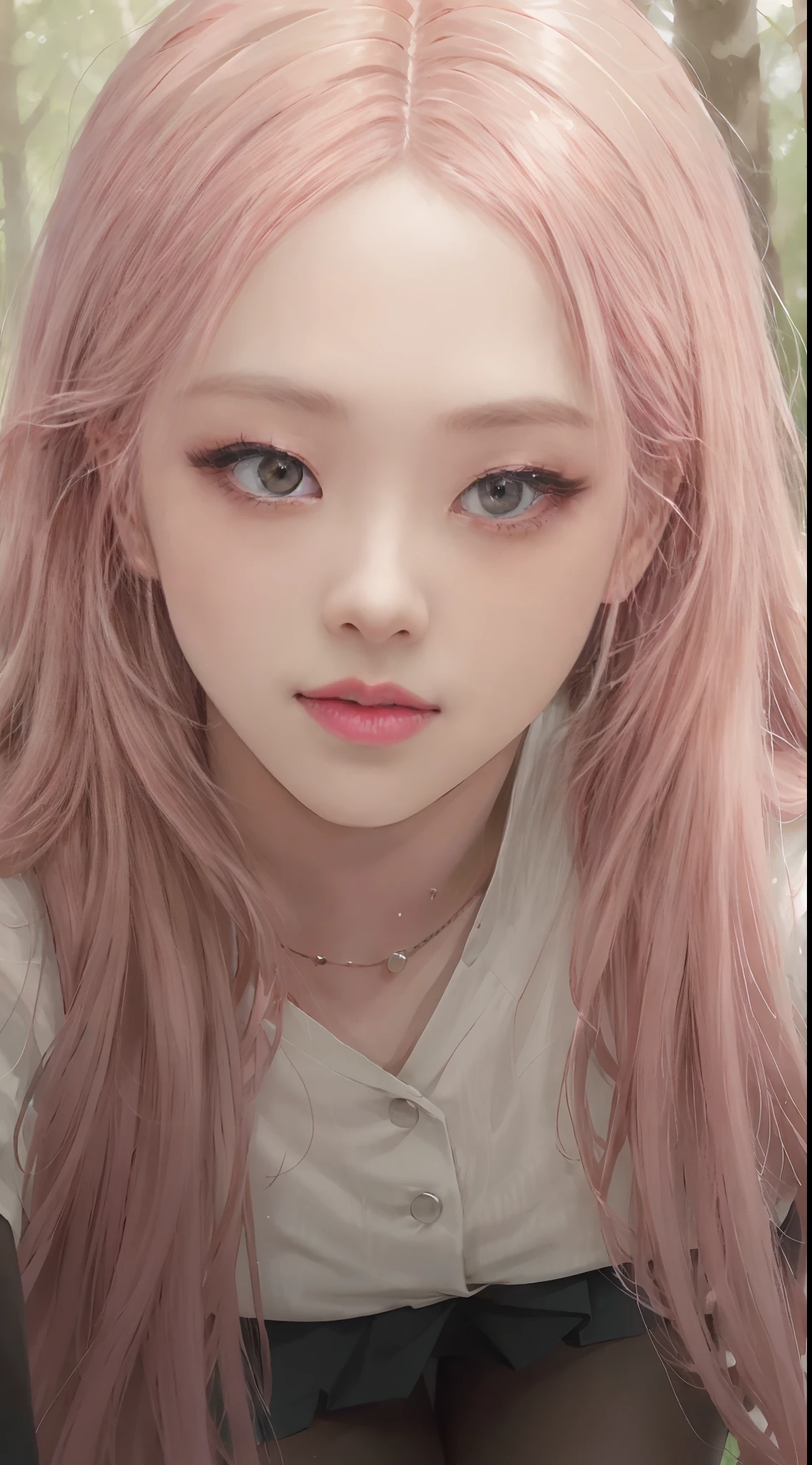 ((Rosè from Blackpink)), white t-shirt, tiny blue pleated skirt, pink panties, black tights to the waist, black high heels, close-up from thighs to face, shot from below, very fair skin, very long hair, wavy hair, camp, Forest, photorealistic, Indirect lighting, volumetric light, ray tracing, hyper-detailed, best quality, very high resolution, HDR, 8k