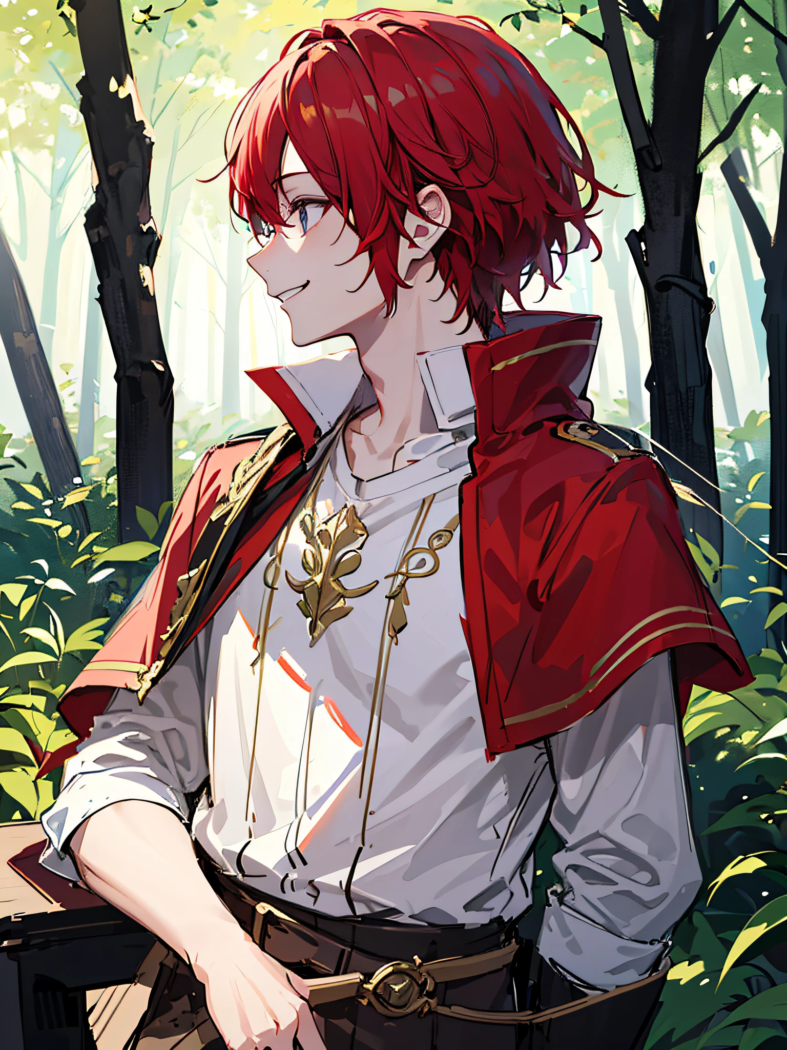 Masterpiece, best quality, 4k, 8k, absurdres (best illustration), forest background, 1boy, red hair, smiling, ranger clothes, holding bow, half-body portrait,((sketch)), profile close-up