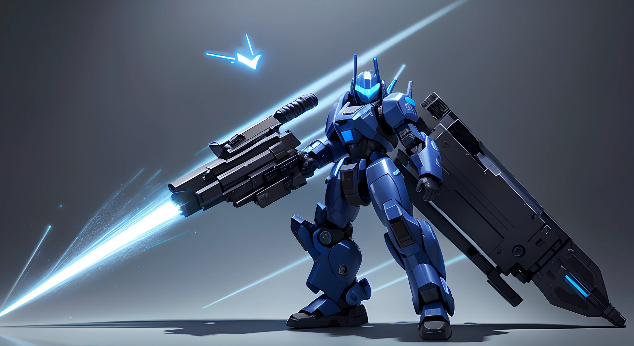 Blue mech,Equipped with plasma cannon and laser gun。
