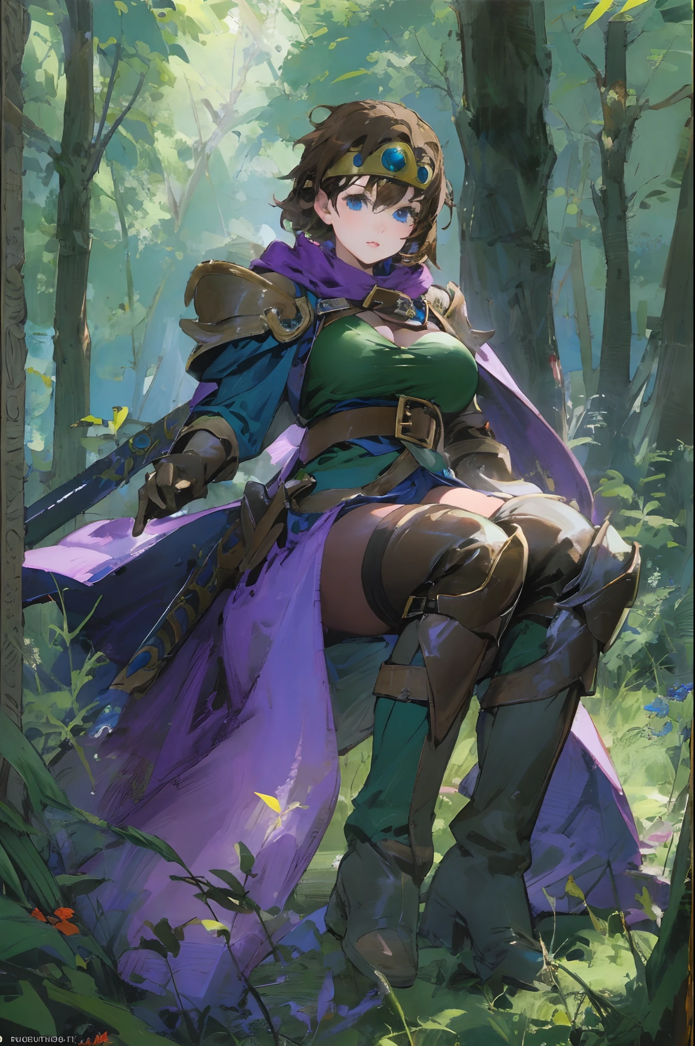 (((Top Quality: 1.4))),(Unparalleled Masterpiece), (Ultra High Definition),(Ultra-Realistic 8k CG),official art, (sheathed weapon on back:1.2), roto (dq3), 1girl, solo, short hair, brown hair, blue eyes, circlet, large breasts, cleavage, strapless, (blue clothes), purple cape, thigh-highs, elbow gloves, boots, belt, scabbard,, knee boots, in dark forest, sunlight filtering through trees makes beautiful gradient of shadow and adds depth to images with back light effect,
