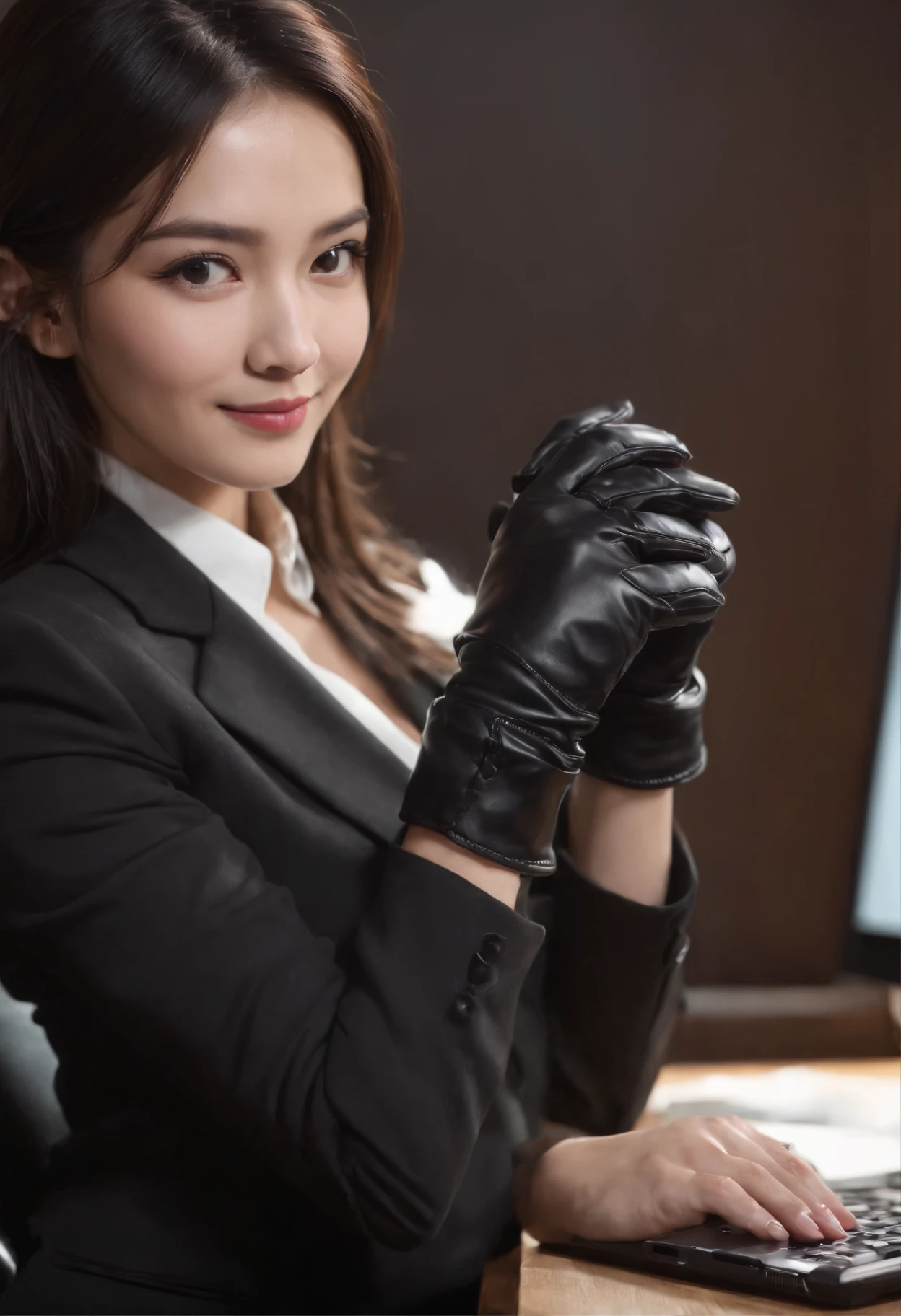 Wearing black leather gloves on both hands, Upper body, Black business suit, Facing the desk in my room with a computer in the dark, Smiling and looking at the screen, Operating the computer with the fingertips of black leather gloves, Black hair was tied back for a long time, Japan female new employee who is still young and very cute (Black leather gloves cover both hands)