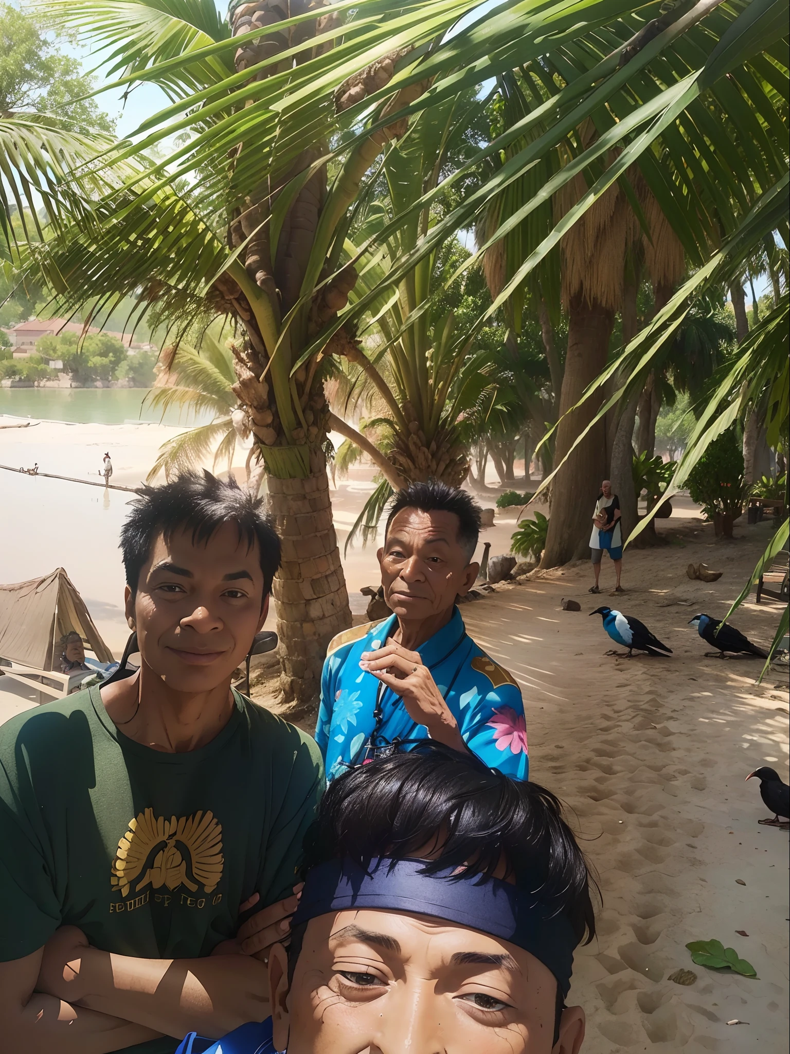 there are three men standing next to each other near a palm tree, with village, very very low quality picture, old picture, a picture, selfie photo, help me, with great birds, palm trees in the background, posing for a picture, with a figure in the background, during sunset, very accurate photo, in a village, selfie, Beach in the background