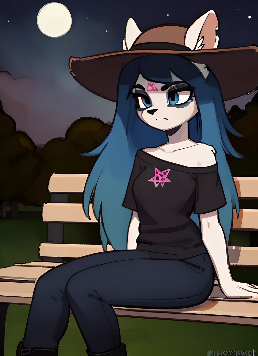 [Claire (the summoning)], [Uploaded to e621.net; (Pixelsketcher), (wamudraws)], ((masterpiece)), ((solo portrait)), ((furry; anthro)), ((detailed fur)), ((cel shading)), ((detailed shading)), ((beautiful render art)), {anthro, white fur, black nose, (pink pentagram on forehead), long blue hair, dark blue slit eyes, (expressionless), frown, (curvy hips)}, {(short sleeve off-shoulder black tee shirt), (pink pentagram on shirt), (tight jeans), (goth boots), (dark blue laces), (straw hat)}, {(sitting on bench), (legs spread open)}, [background; (park), (full moon), (starry sky)]